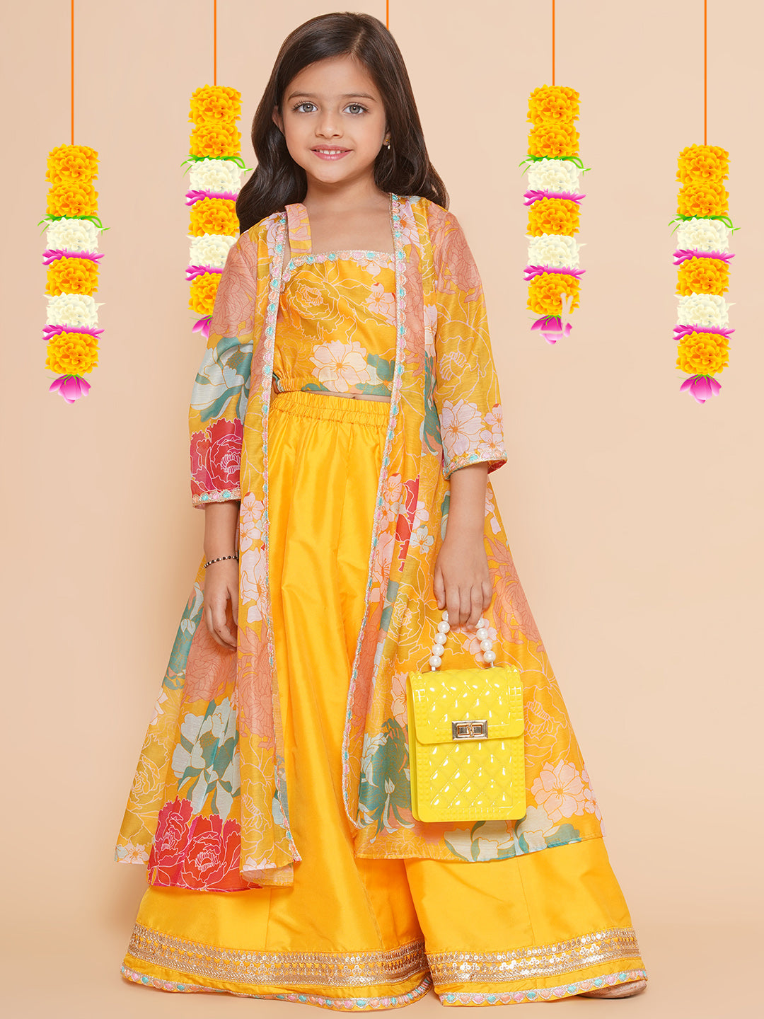 Bitiya by Bhama Girls Yellow Floral Print Top & Shrug With Ready to wear Skirts