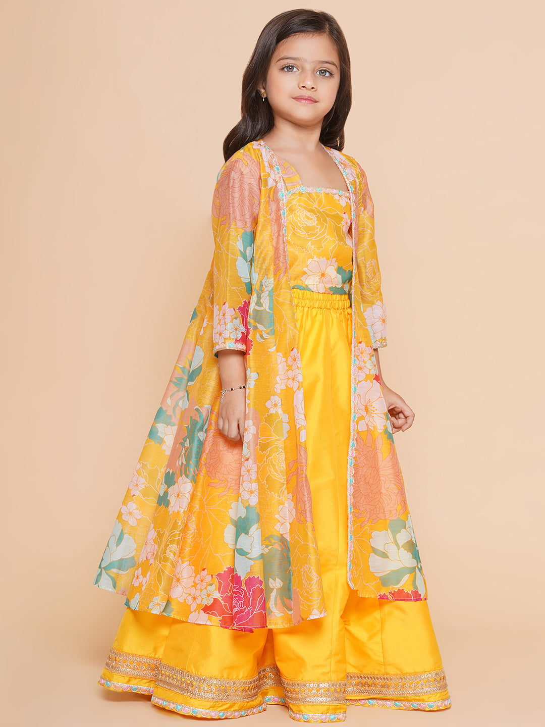 Bitiya by Bhama Girls Yellow Floral Print Top & Shrug With Ready to wear Skirts