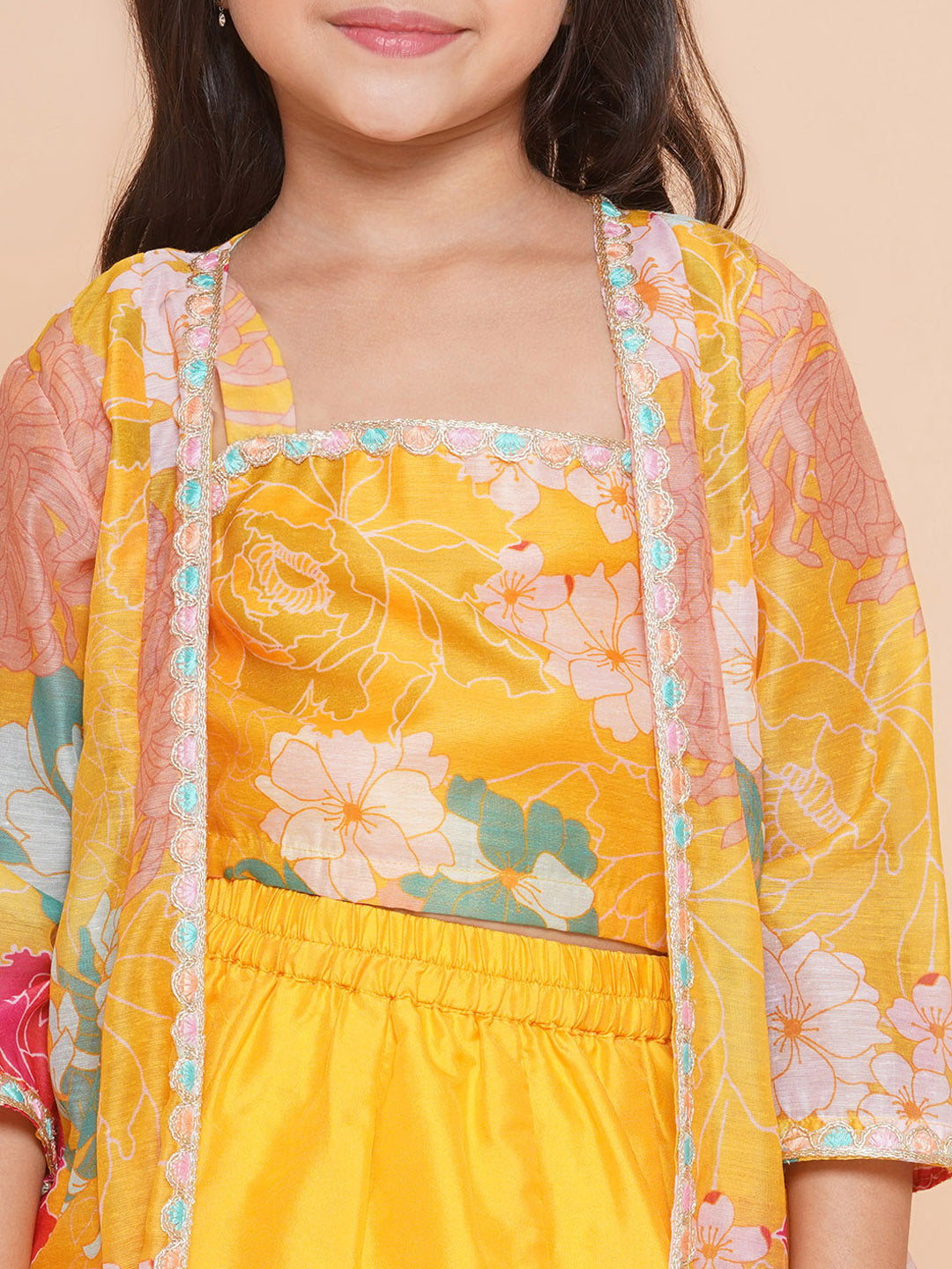 Bitiya by Bhama Girls Yellow Floral Print Top & Shrug With Ready to wear Skirts