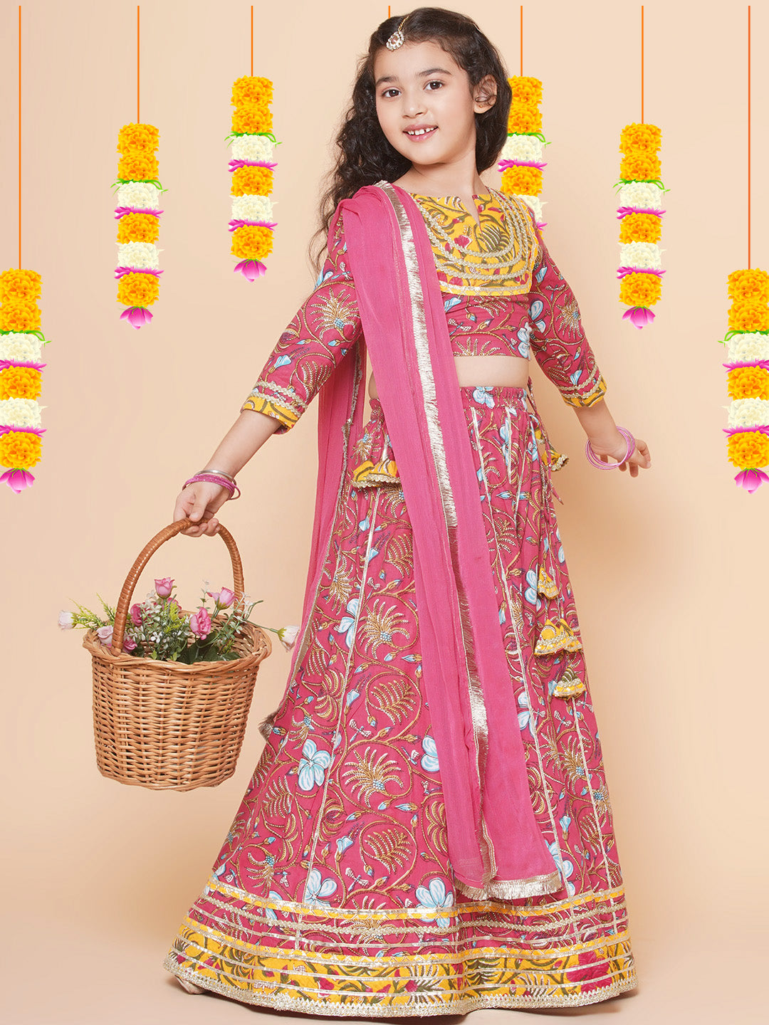 Bitiya by Bhama Girls Blush Pink flower Print Lace Work Choli Ready to Wear Lehenga with Dupatta