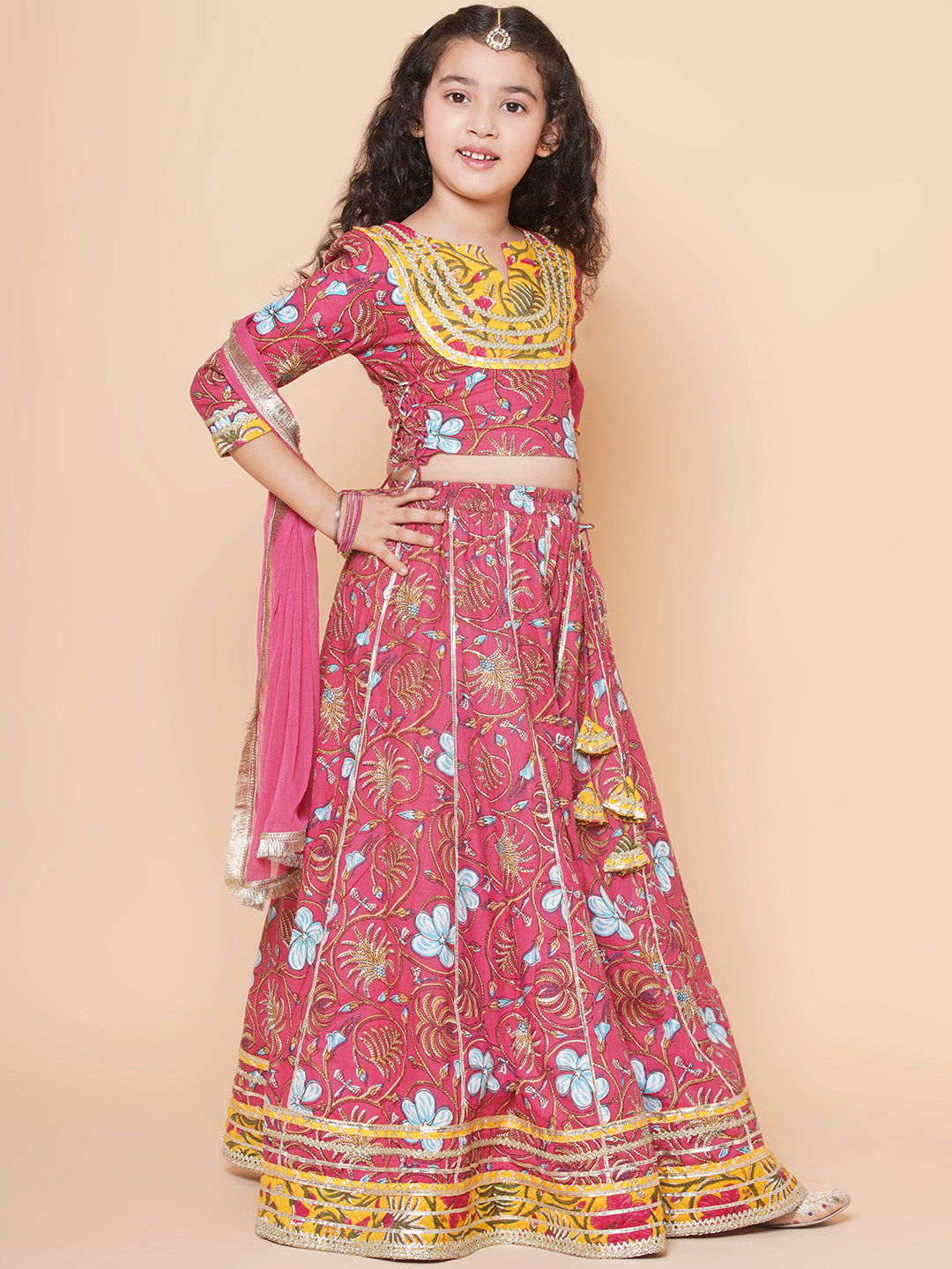 Bitiya by Bhama Girls Blush Pink flower Print Lace Work Choli Ready to Wear Lehenga with Dupatta