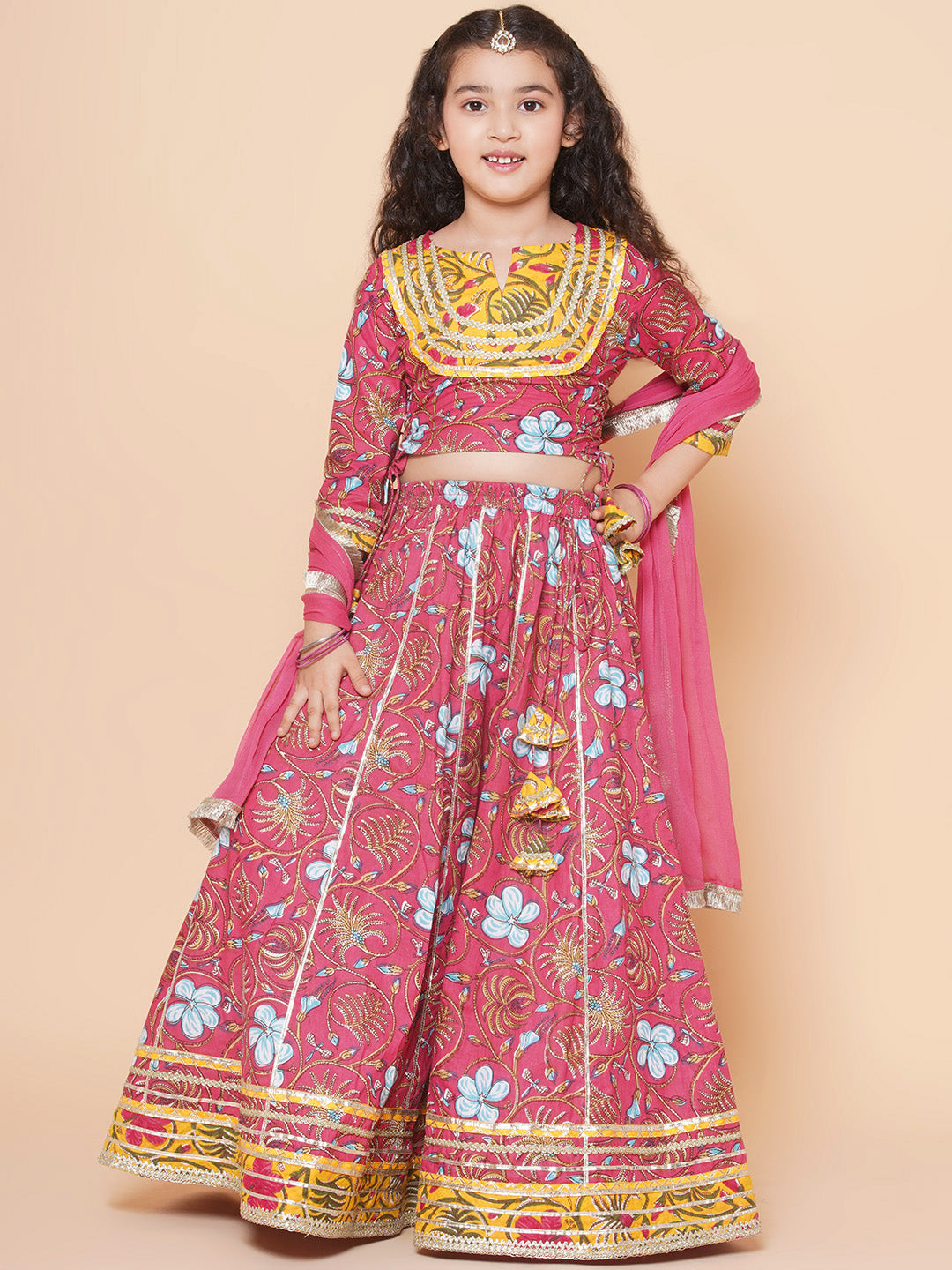 Bitiya by Bhama Girls Blush Pink flower Print Lace Work Choli Ready to Wear Lehenga with Dupatta