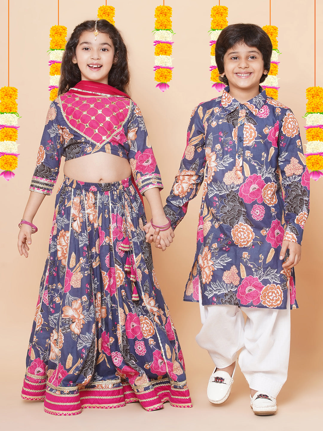 Bitiya by Bhama Girls Blue & Pink Flower Printed with Embroidered yoke Choli, Lehenga with Dupatta
