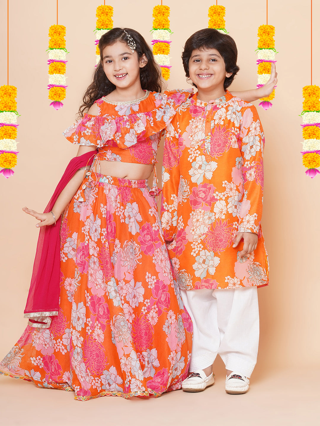 Bitiya by Bhama Girls Orange & Pink Flower Digital Print Choli Ready to wear Lehenga with Dupatta