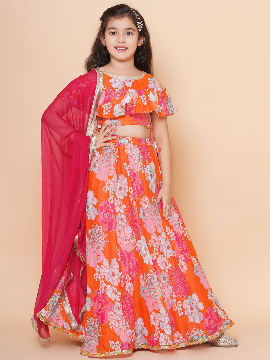 Bitiya by Bhama Girls Orange & Pink Flower Digital Print Choli Ready to wear Lehenga with Dupatta