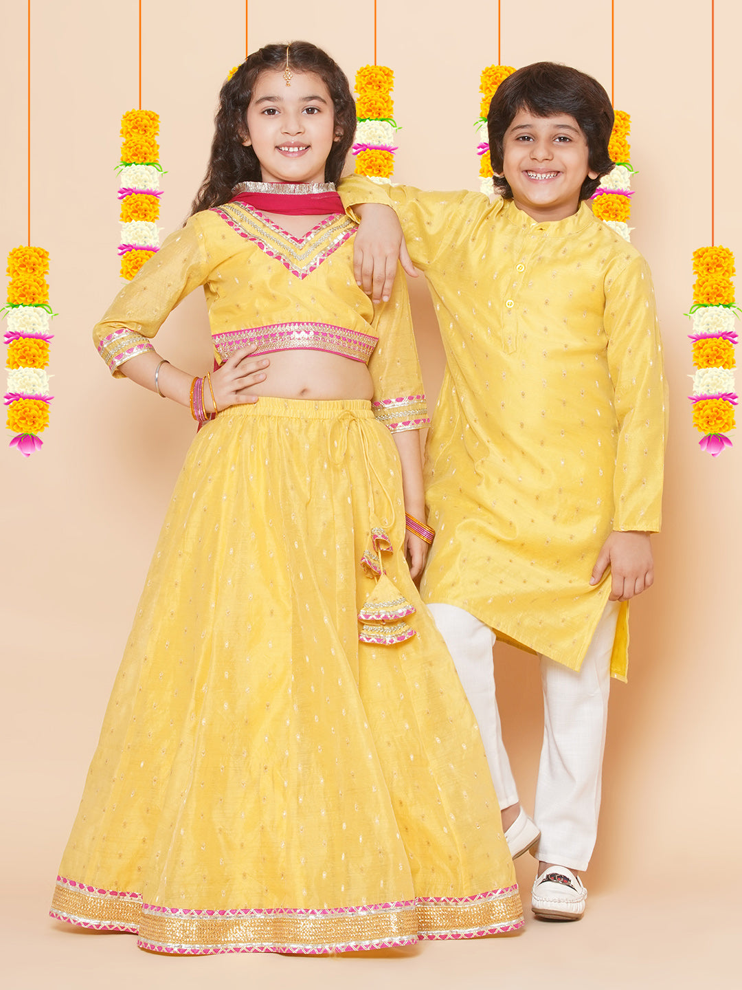 Bitiya by Bhama Girls Yellow Jacquard booti Lehenga Choli Ready to Wear with Pink Dupatta