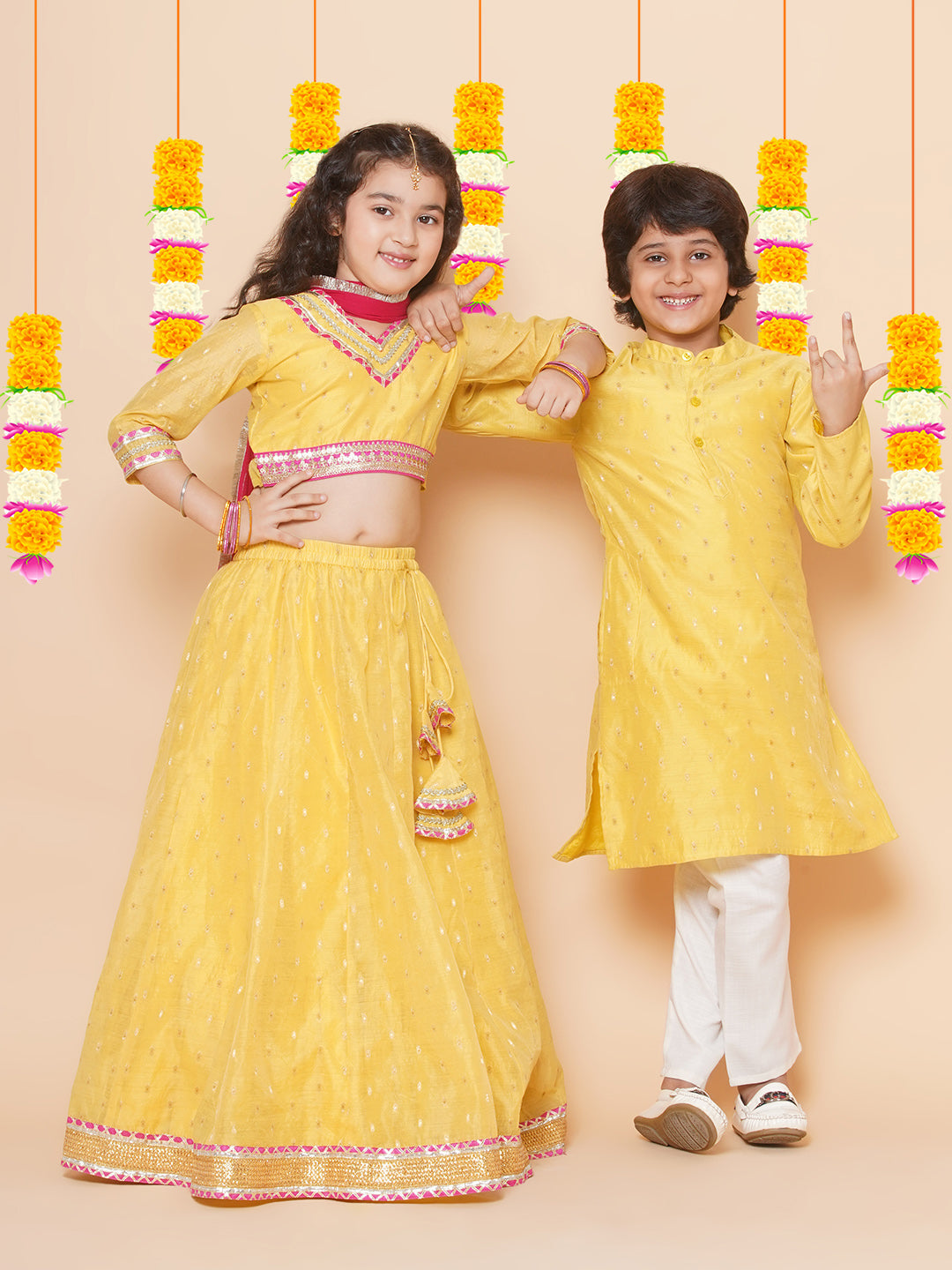 Bitiya by Bhama Girls Yellow Jacquard booti Lehenga Choli Ready to Wear with Pink Dupatta