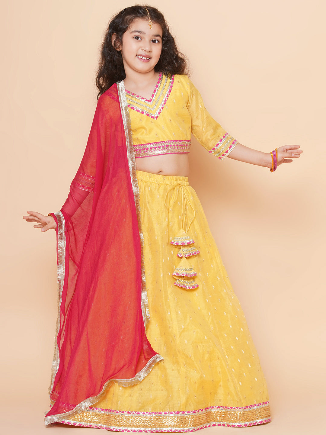 Bitiya by Bhama Girls Yellow Jacquard booti Lehenga Choli Ready to Wear with Pink Dupatta