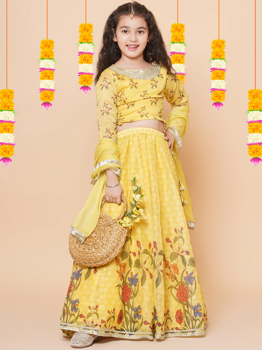 Bitiya by Bhama Girls Yellow Digital Flower Print Lace work Choli Ready to wear Lehenga with Dupatta