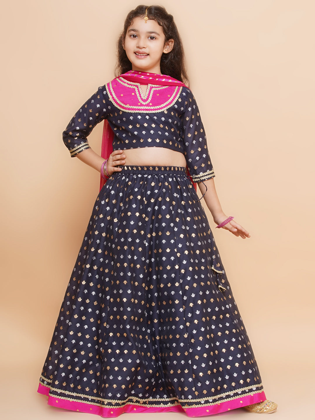 Bitiya by Bhama Girls Navy blue Jacquard design Lehenga &Detailed Blouse With Dupatta