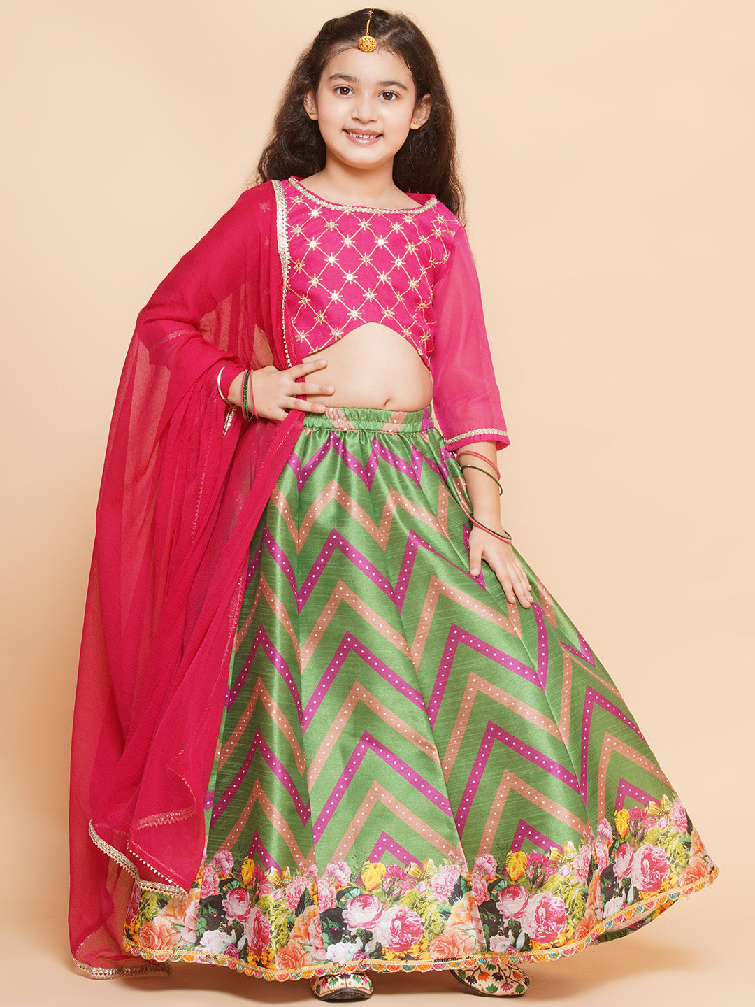 Bitiya by Bhama Girls Green & Pink Embroidered Choli Green Flower Printed Lehenga with Dupatta