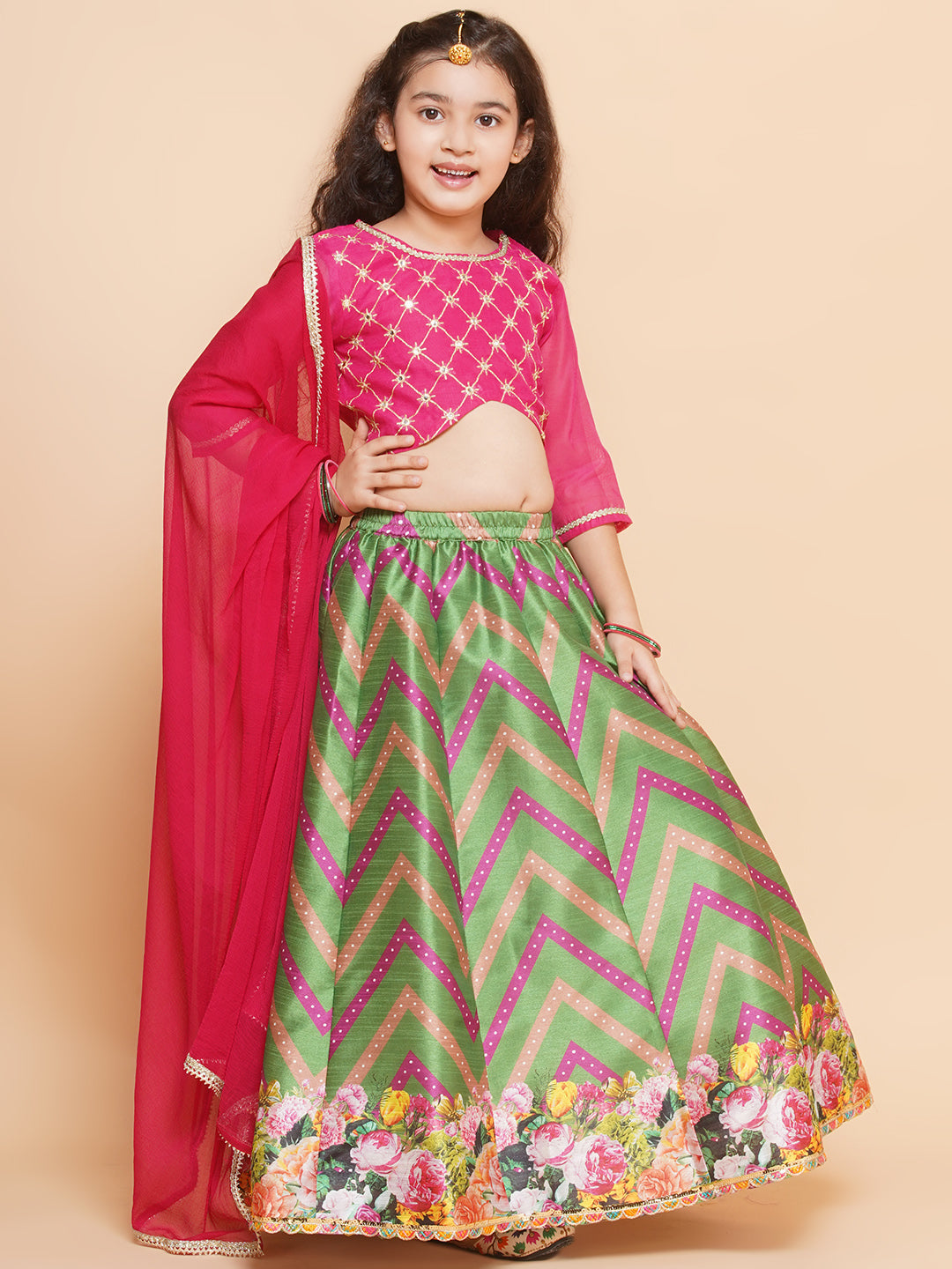 Bitiya by Bhama Girls Green & Pink Embroidered Choli Green Flower Printed Lehenga with Dupatta