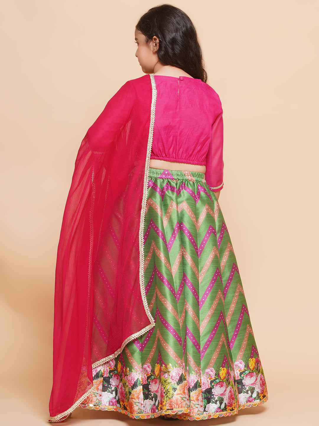 Bitiya by Bhama Girls Green & Pink Embroidered Choli Green Flower Printed Lehenga with Dupatta