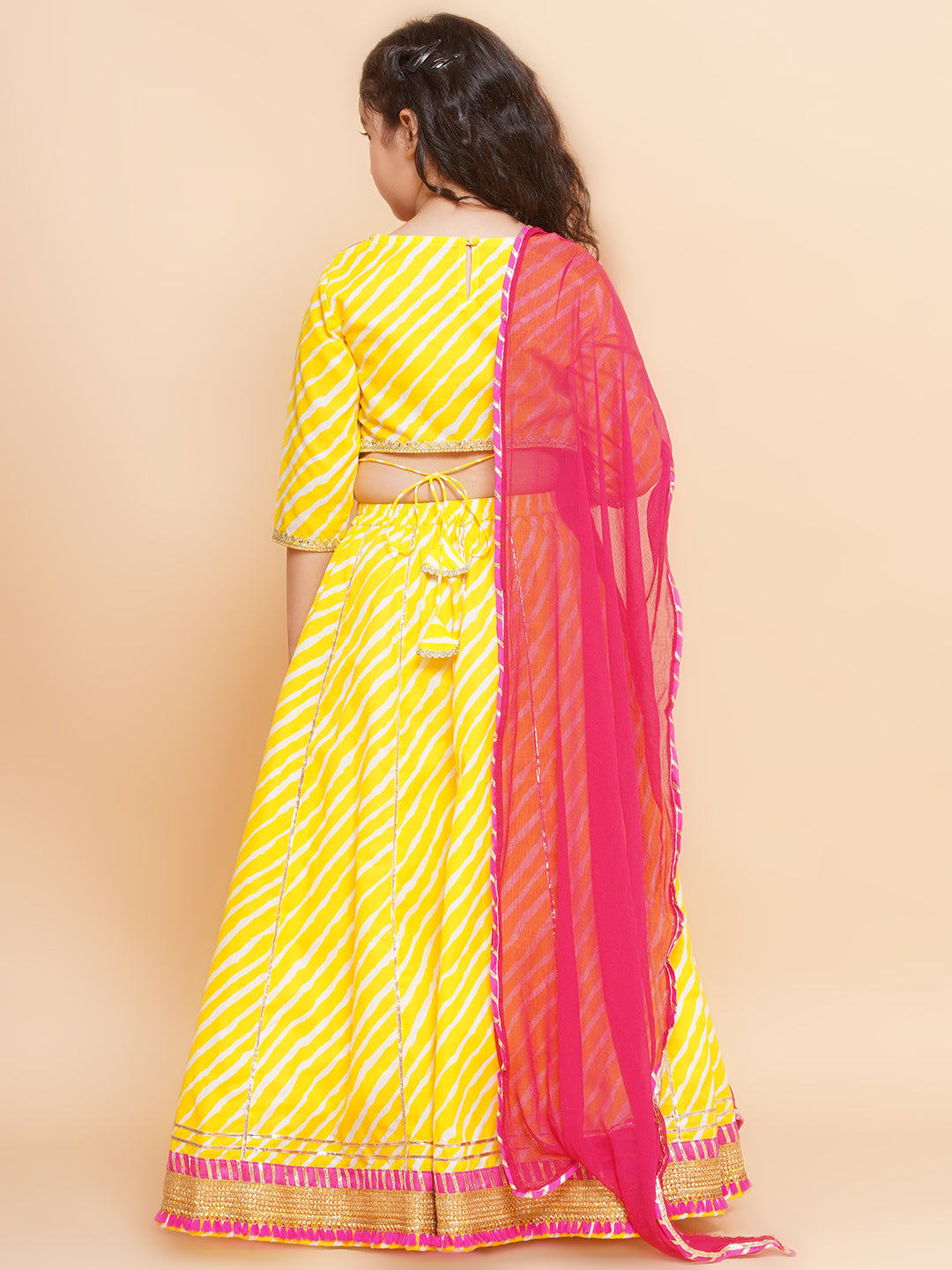 Yellow and Pink Banarasi Lehenga Choli Set with Ikat Print – Lagorii Kids