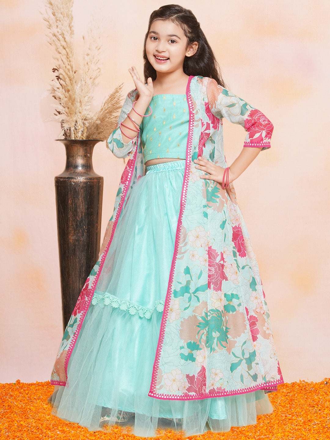 Buy Girls Blue & Pink Printed Ready To Wear Lehenga & Blouse With Dupatta  for Kids - Bhama Online at Best Price | Distacart