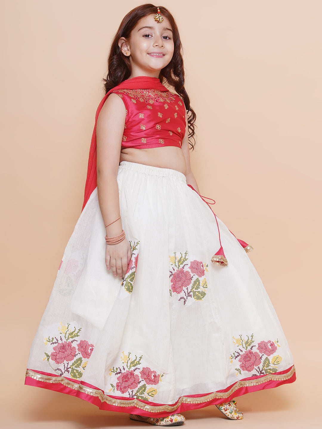 Bitiya by Bhama Girls Peach embroidered choli & floral embroidered Design Lehenga With Dupatta