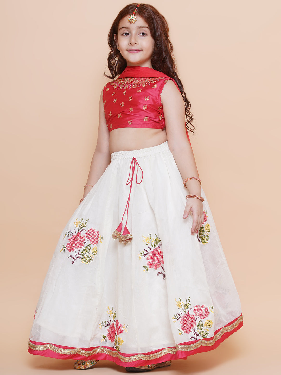 Bitiya by Bhama Girls Peach embroidered choli & floral embroidered Design Lehenga With Dupatta