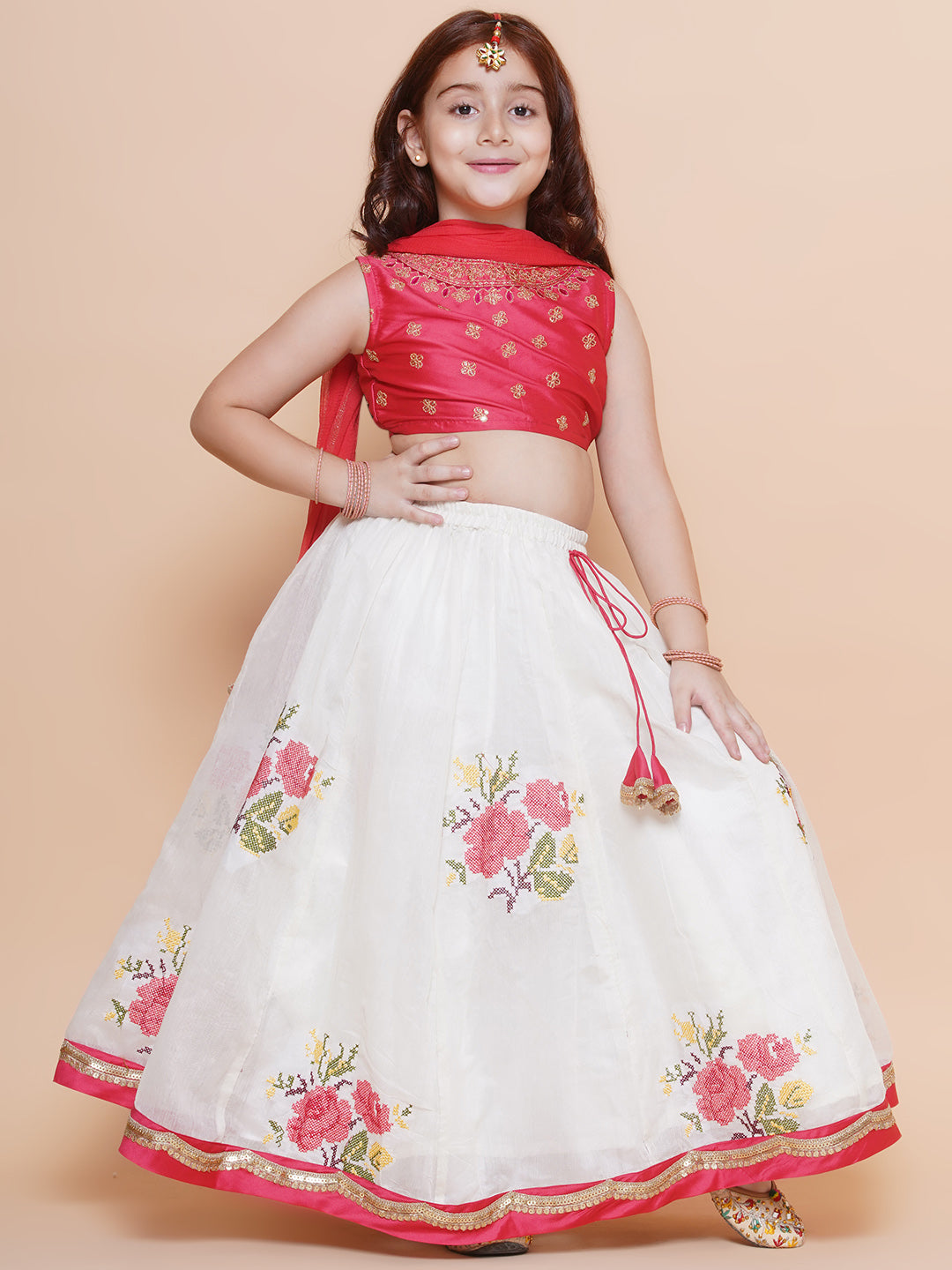 Bitiya by Bhama Girls Peach embroidered choli & floral embroidered Design Lehenga With Dupatta