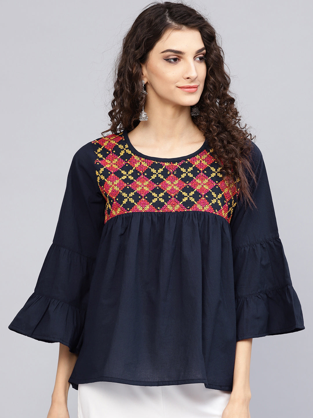 Bhama Couture Navy Blue Embroidered A-Line Top