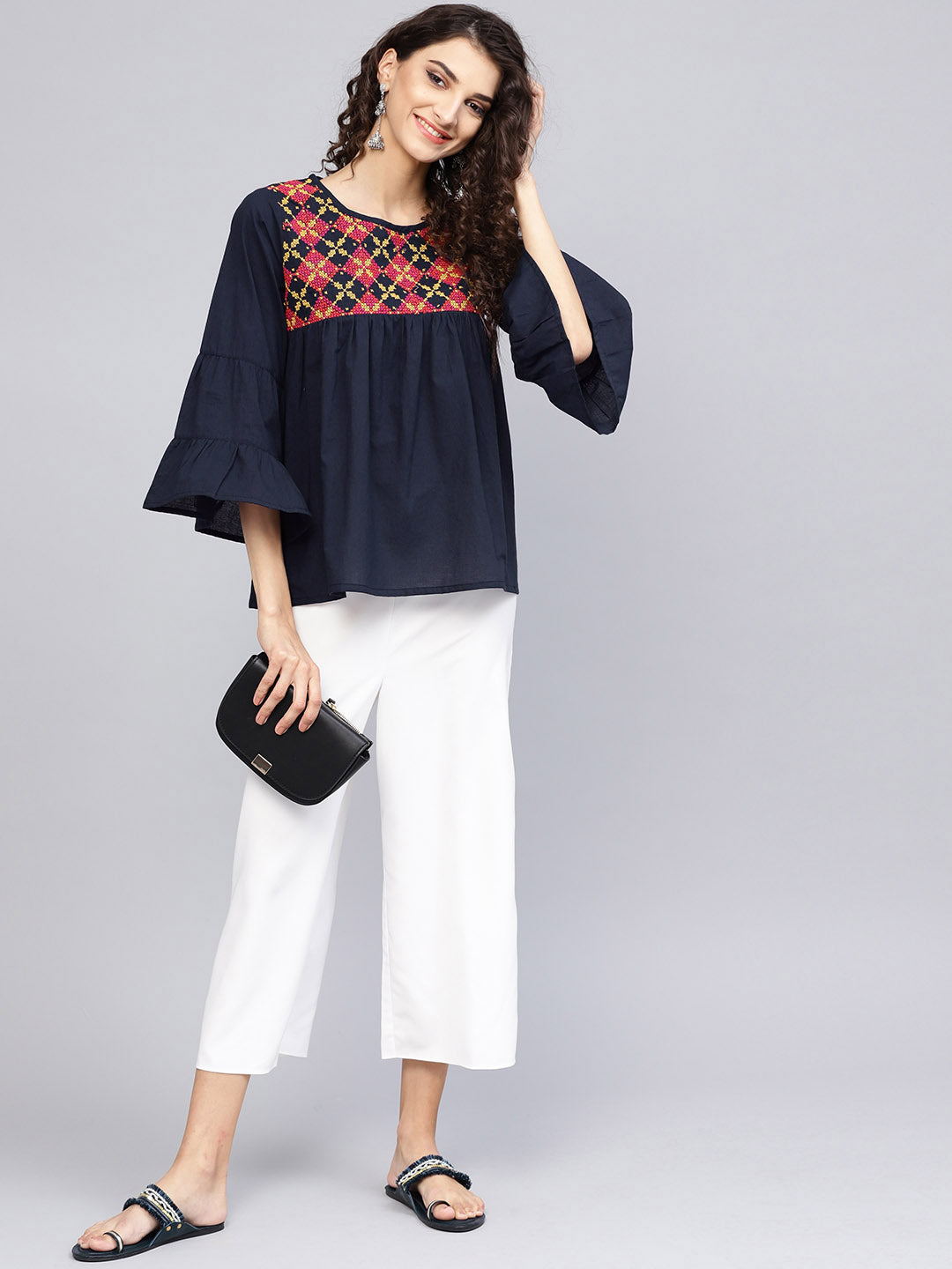 Bhama Couture Navy Blue Embroidered A-Line Top