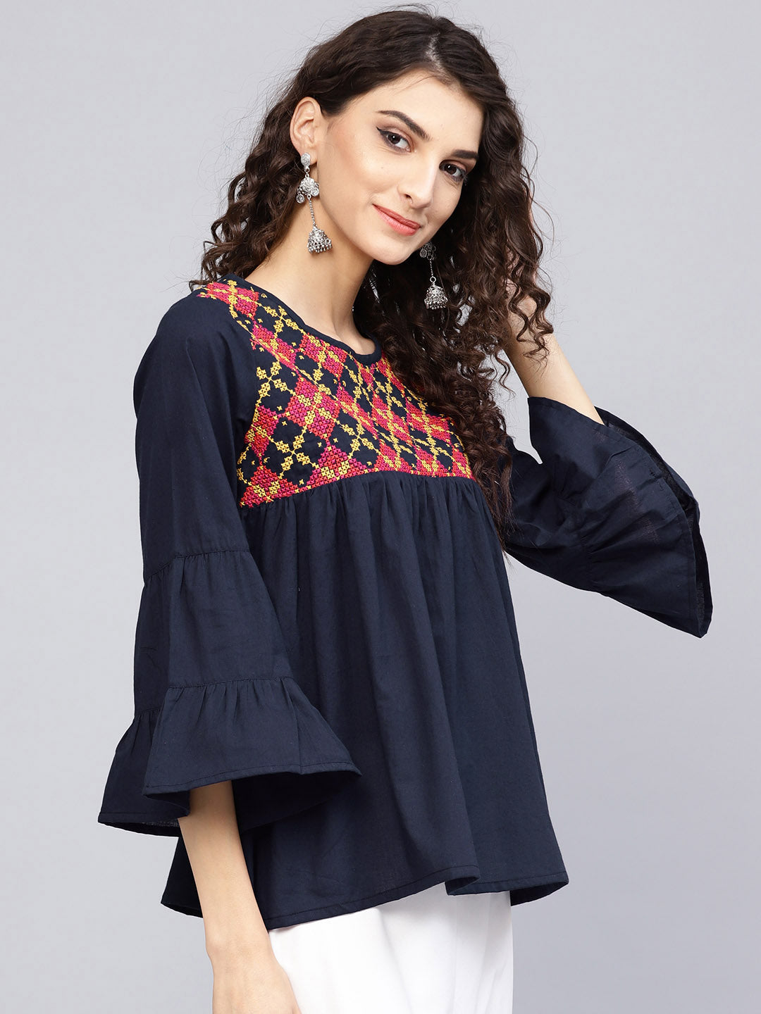 Bhama Couture Navy Blue Embroidered A-Line Top