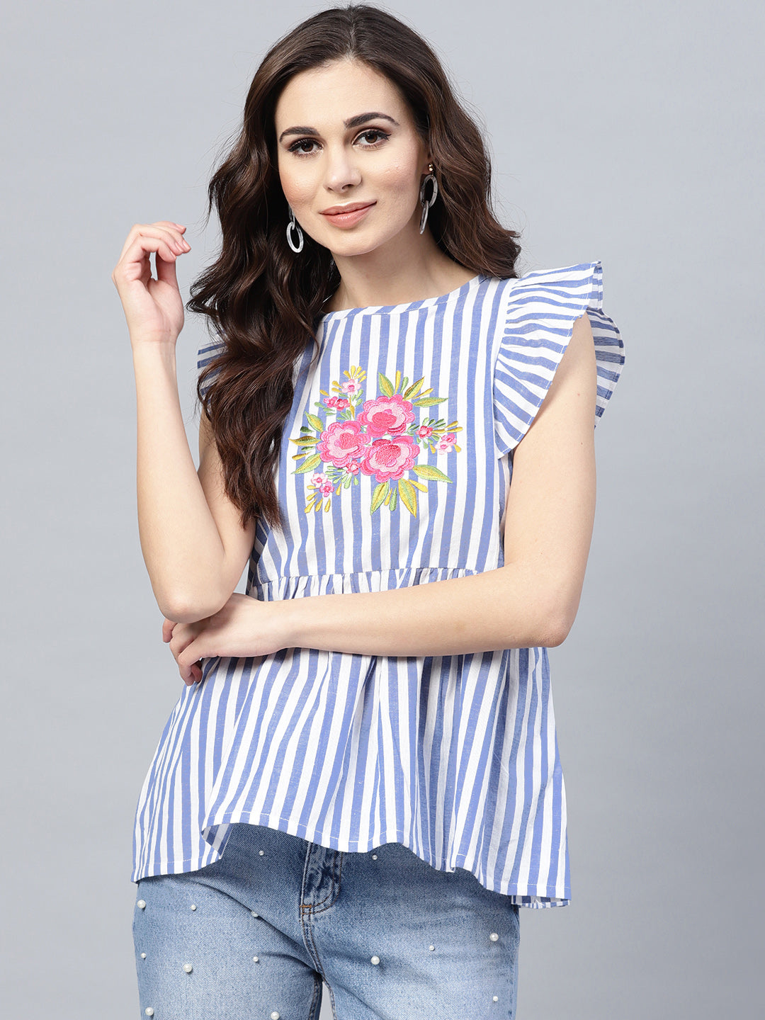 Bhama Couture Blue & White Striped Embroidered Top