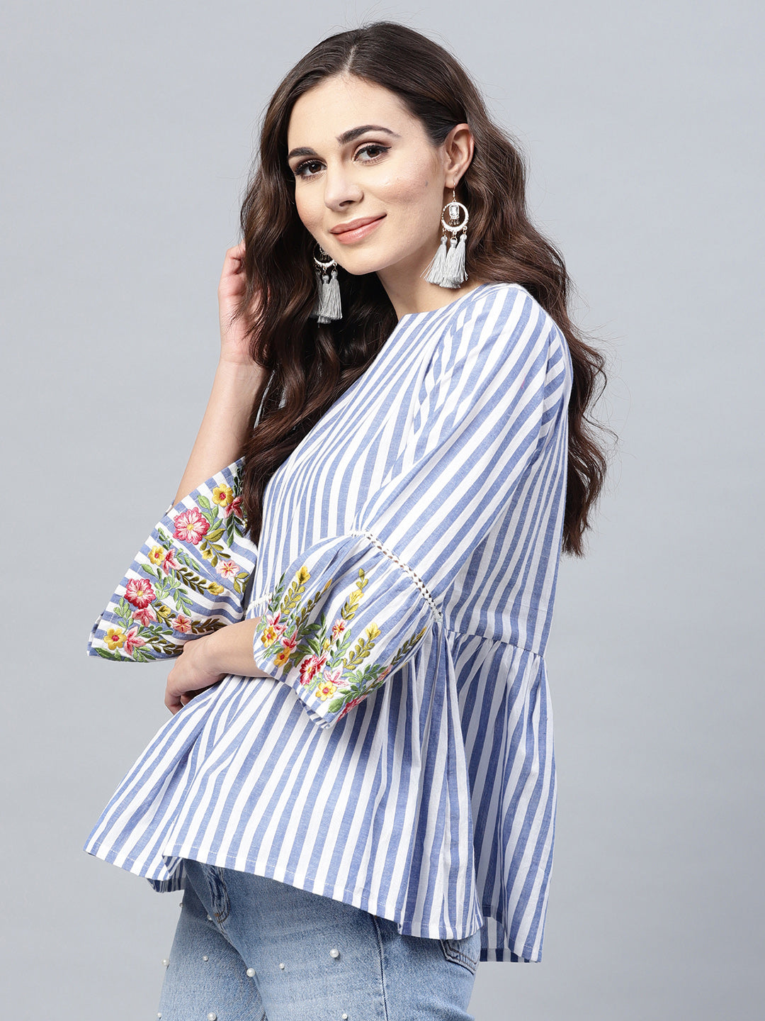 Bhama Couture Blue & White Striped A-Line Pure Cotton Top