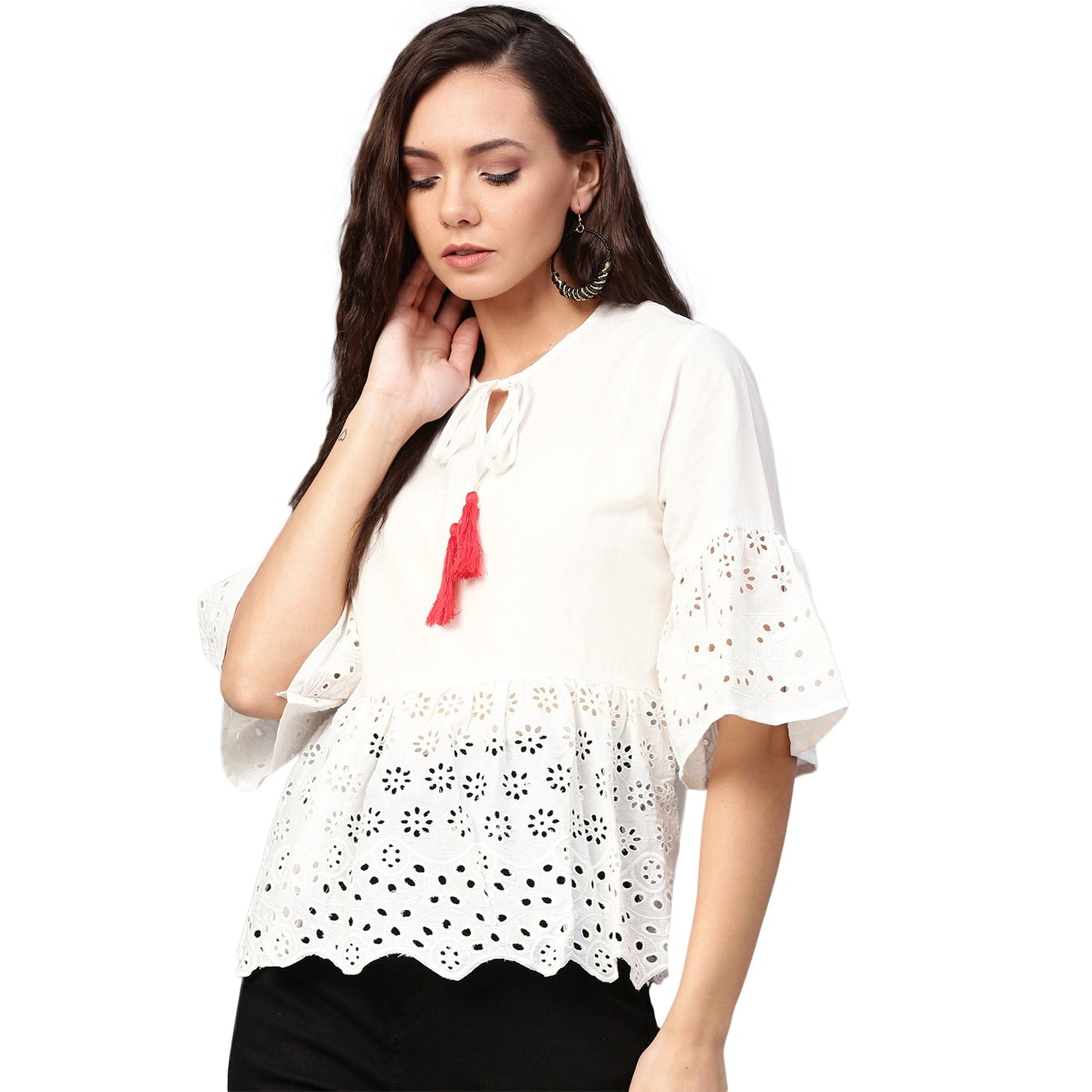 Bhama Couture White Schiffli Embroidered A-Line Top