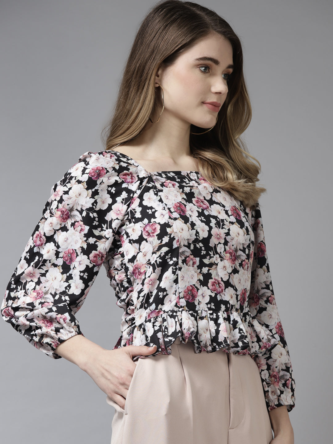 Bhama Couture Black & White Floral Printed Smocked A-Line Top