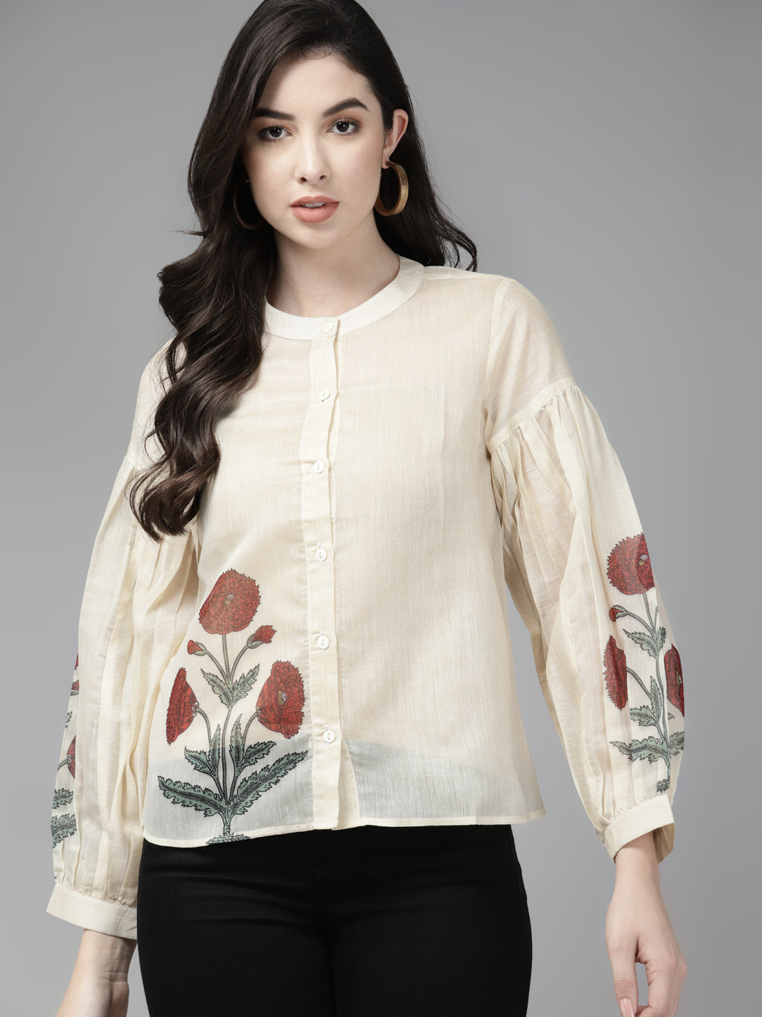 Bhama Couture Beige & Maroon Floral Printed Shirt Style Top