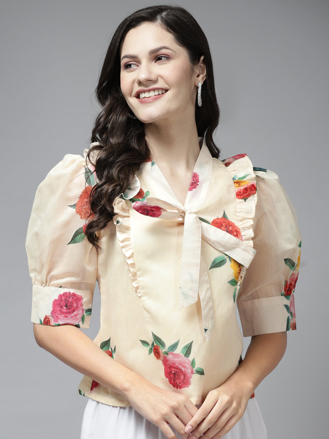 Bhama Beige Printed Front Knot and Ruffle Top