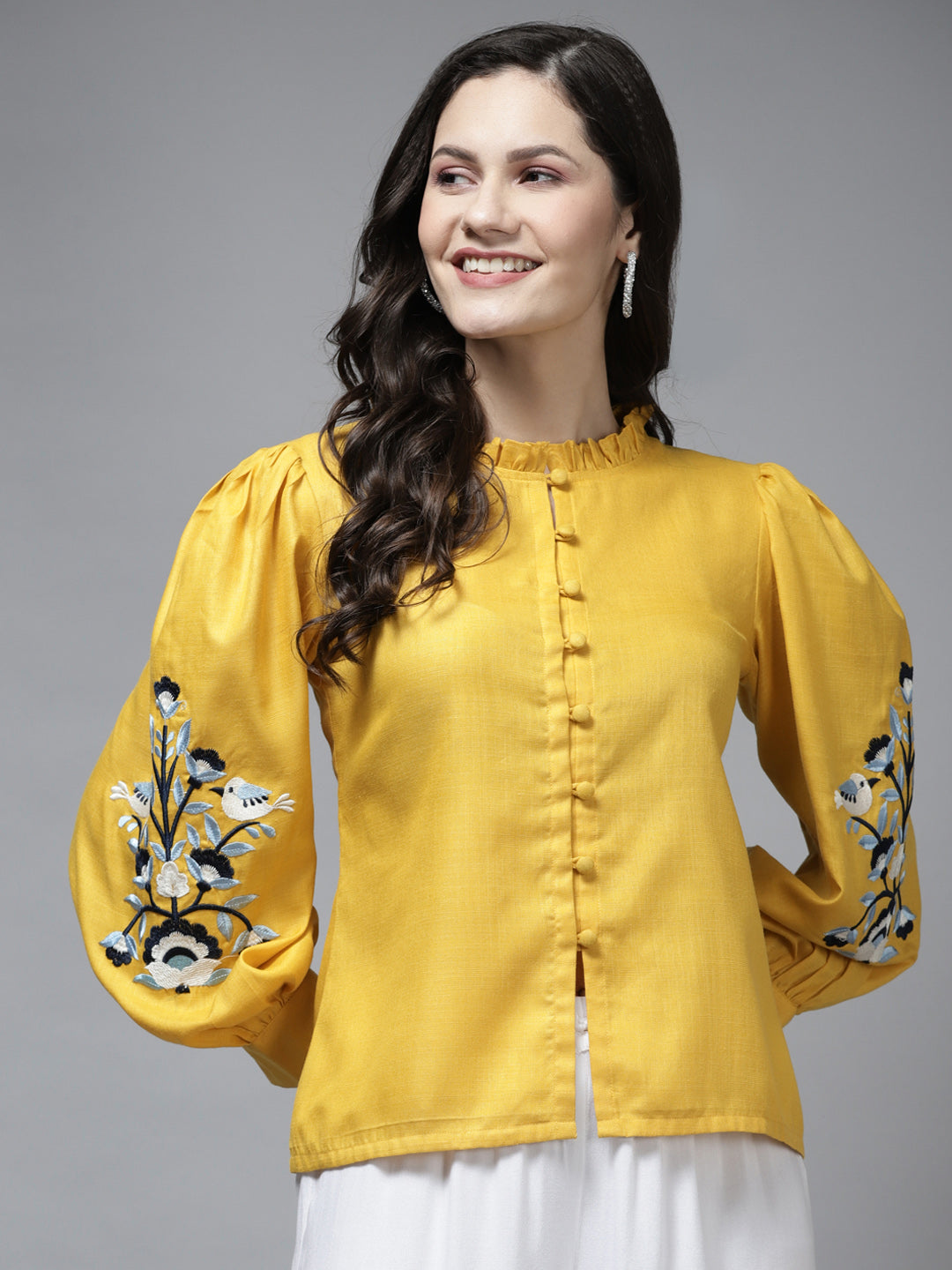 Bhama Couture Mustard Embroidered Front Open Top