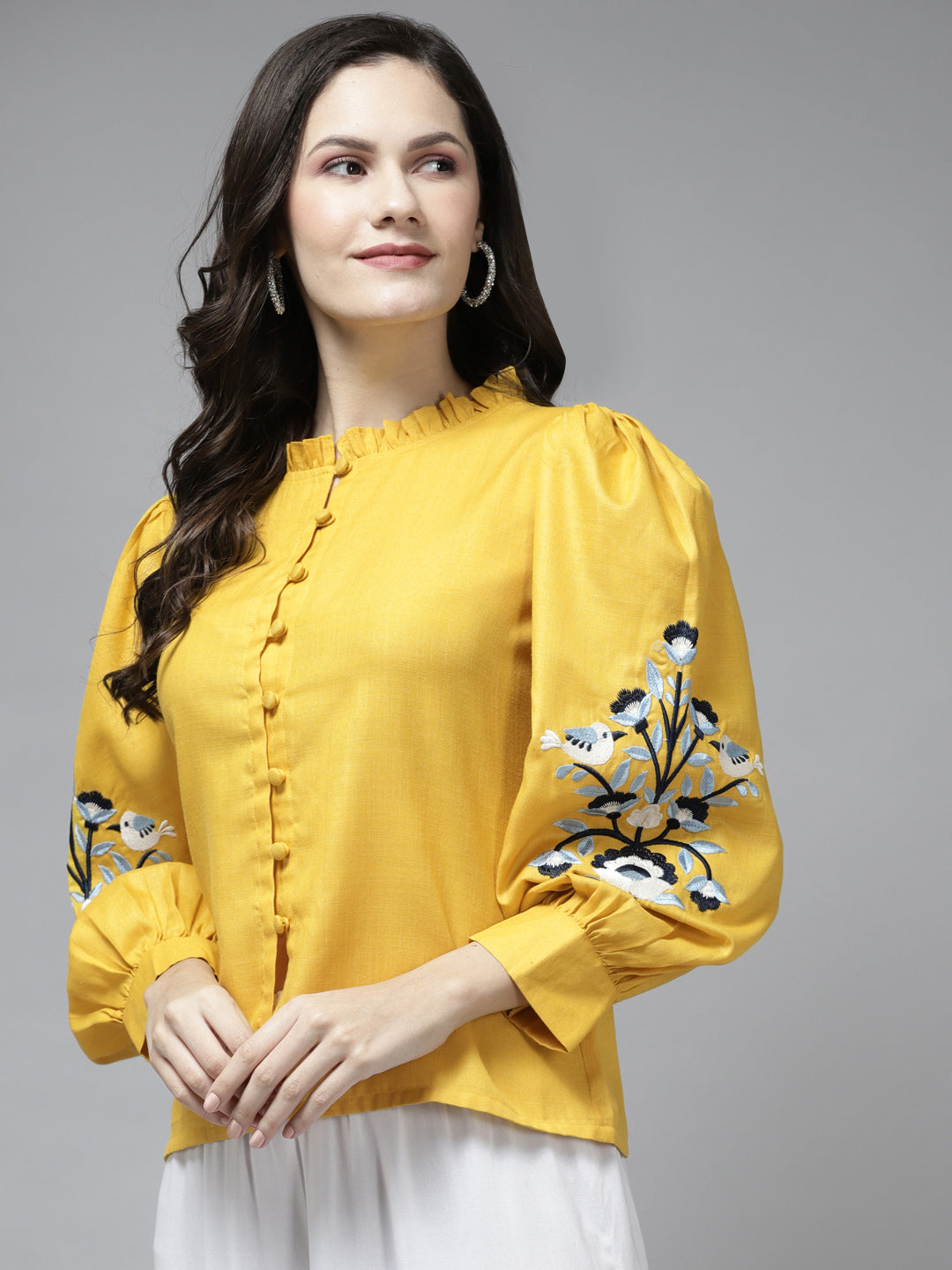 Bhama Couture Mustard Embroidered Front Open Top