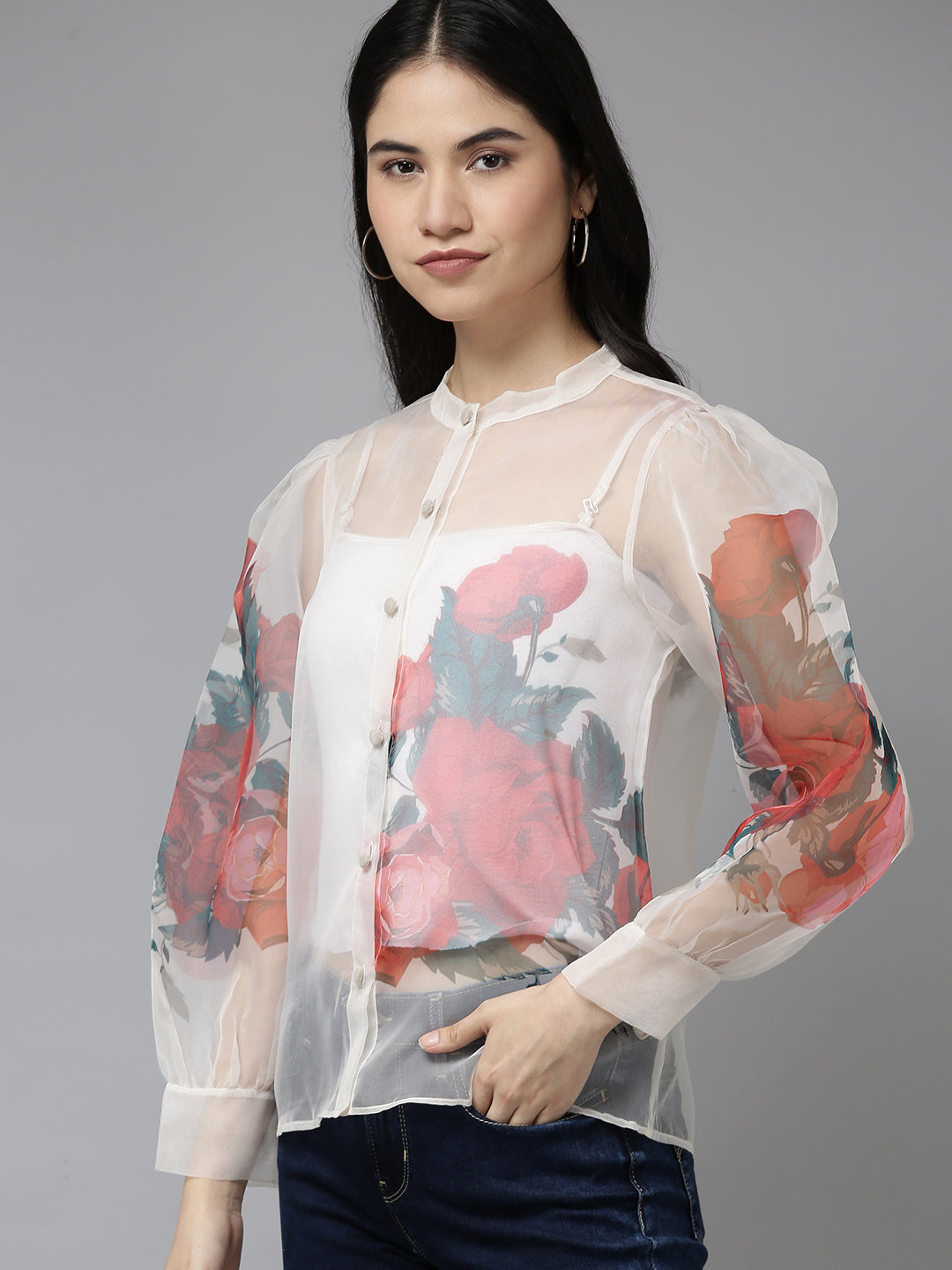 Bhama Couture Off White Printed Front Open Top