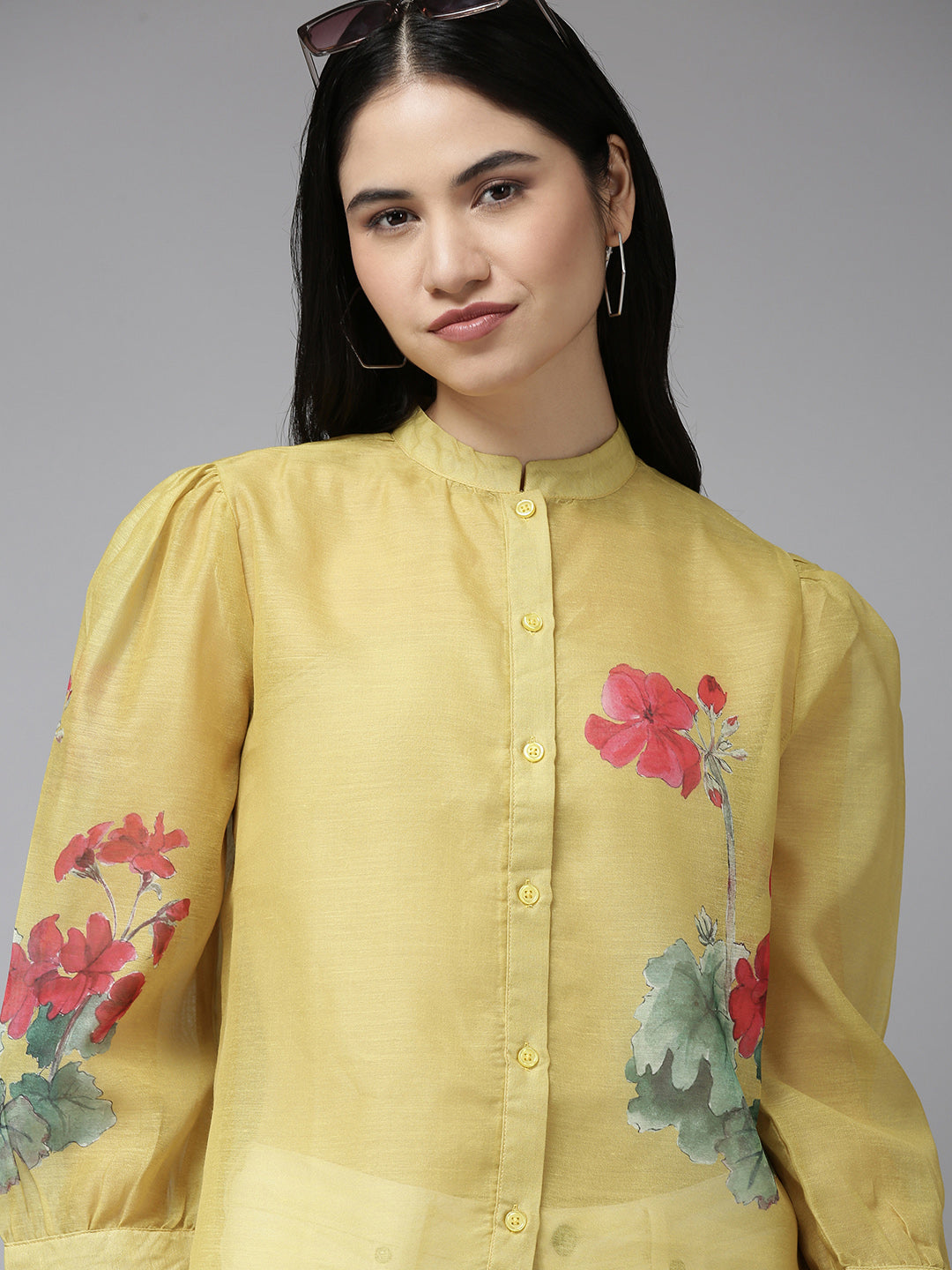 Bhama Couture Mustard Yellow & Red Floral Print Shirt Style Top