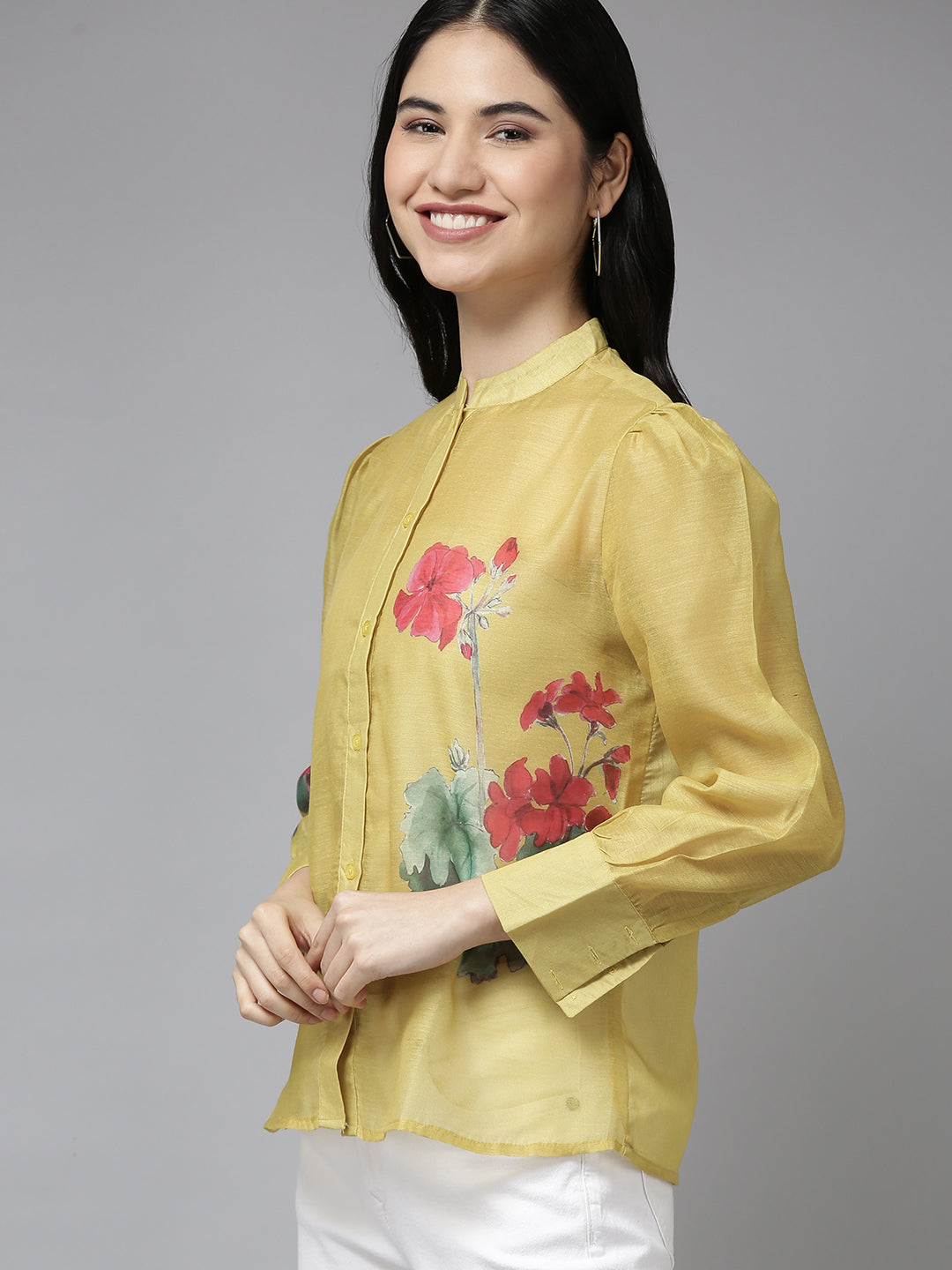 Bhama Couture Mustard Yellow & Red Floral Print Shirt Style Top