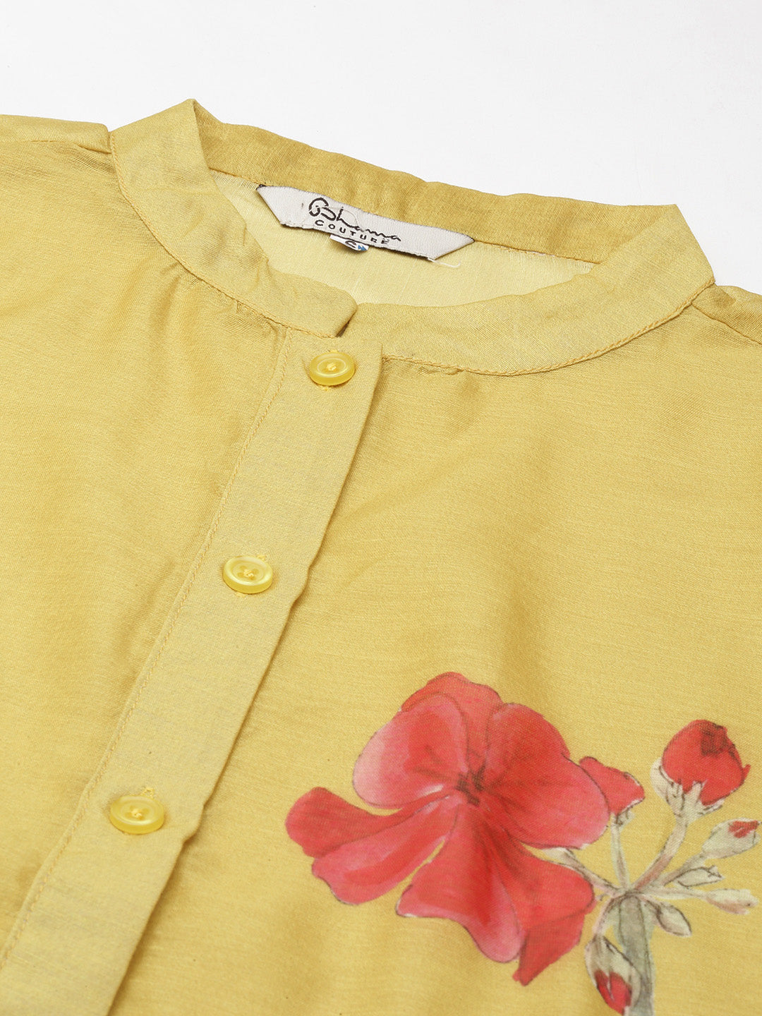 Bhama Couture Mustard Yellow & Red Floral Print Shirt Style Top