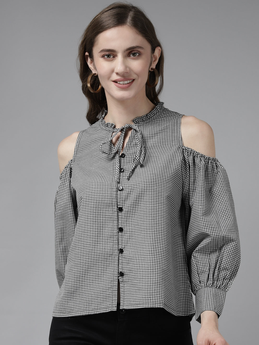 Bhama Couture Black Check Front Open Cold Shoulder Full Sleeve Top