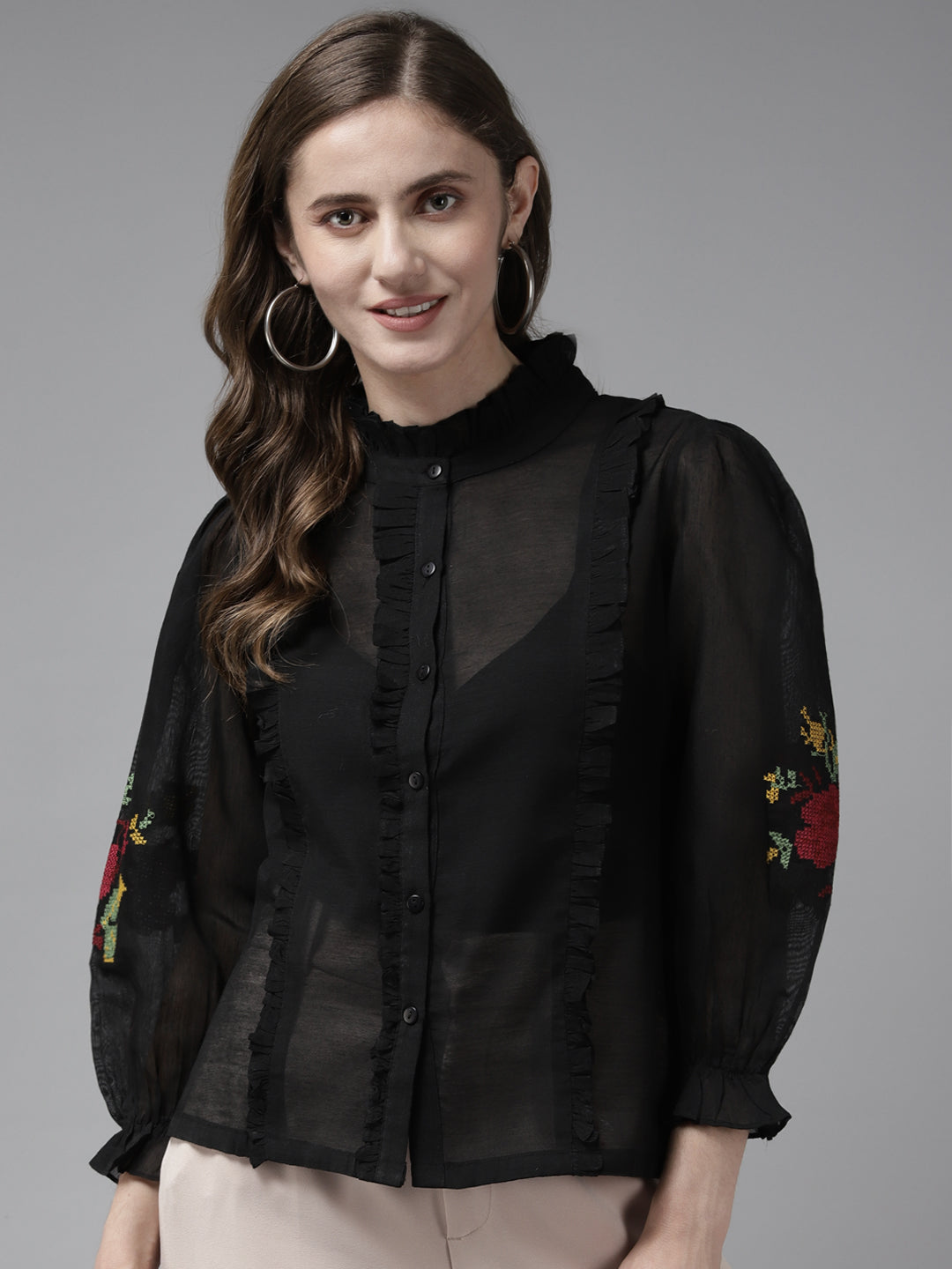 Bhama Couture Black Front Open Embroidered Full Sleeve Top