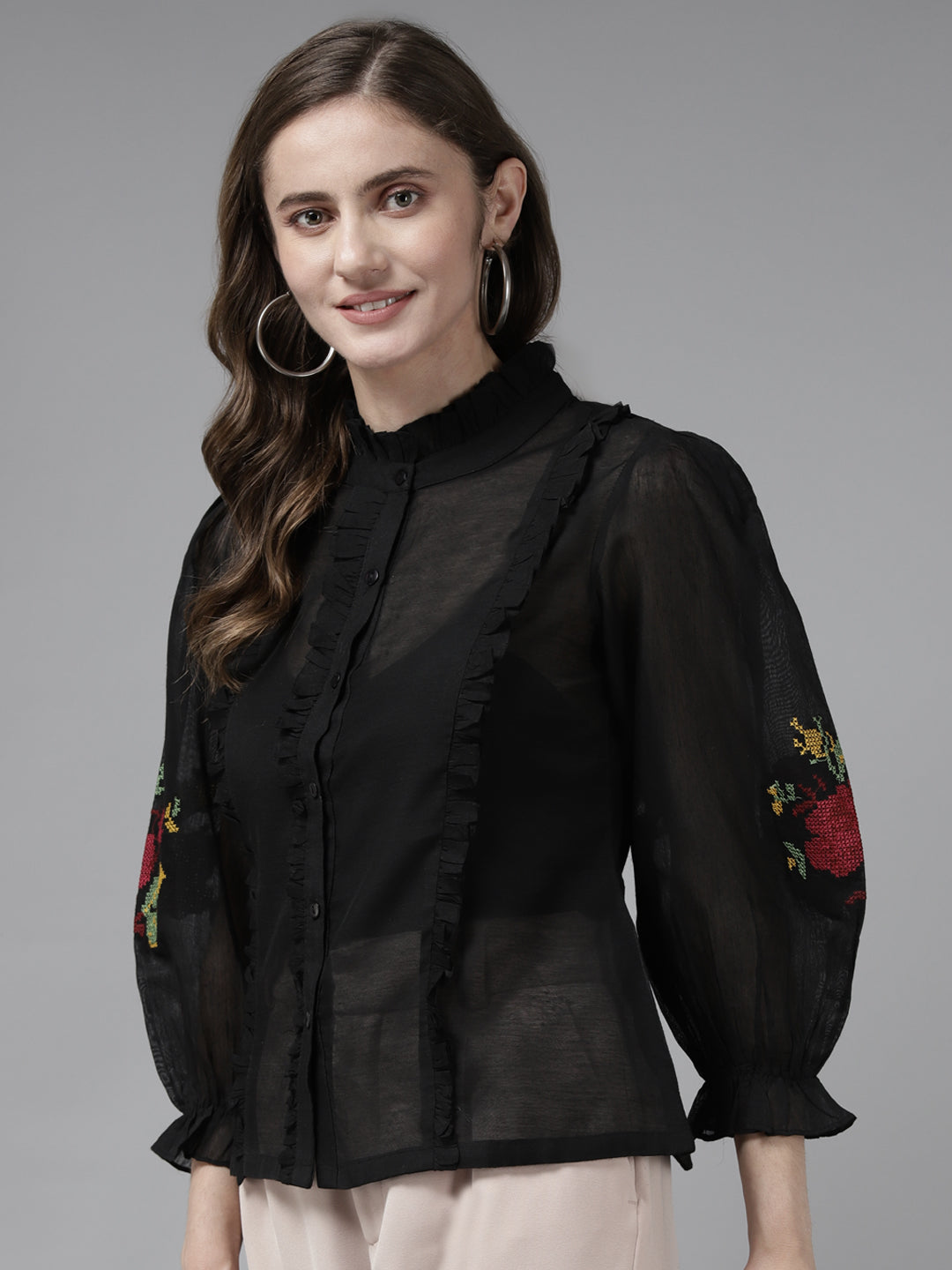 Bhama Couture Black Front Open Embroidered Full Sleeve Top