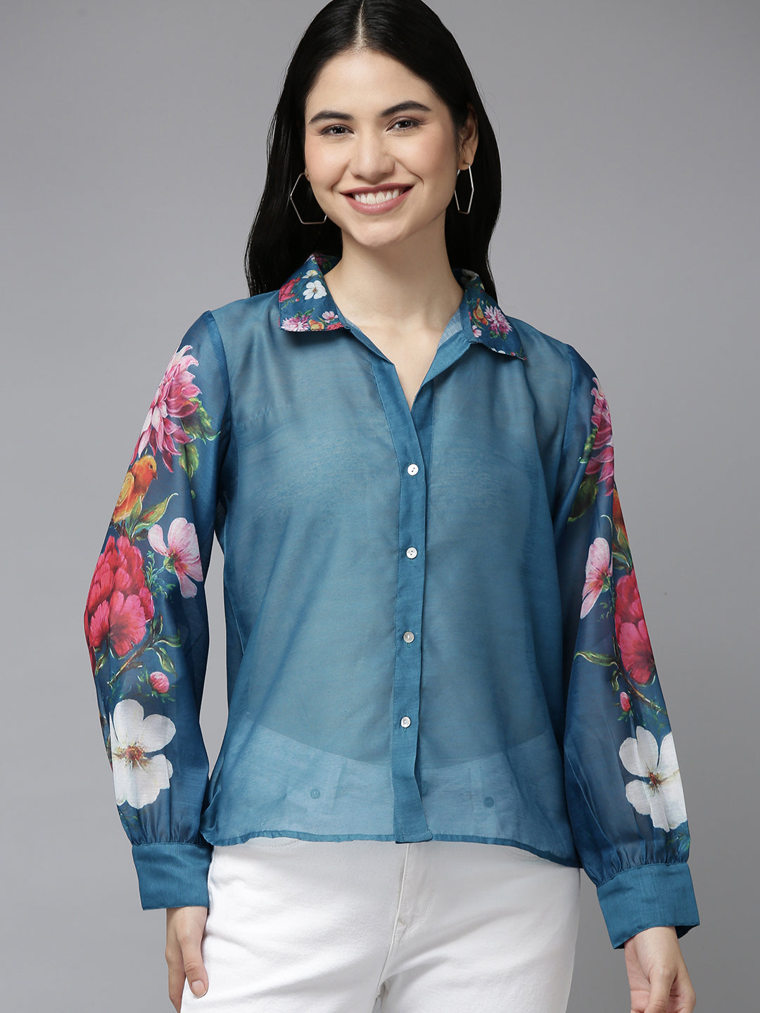 Bhama Couture Teal Blue Floral Printd Shirt Style Top
