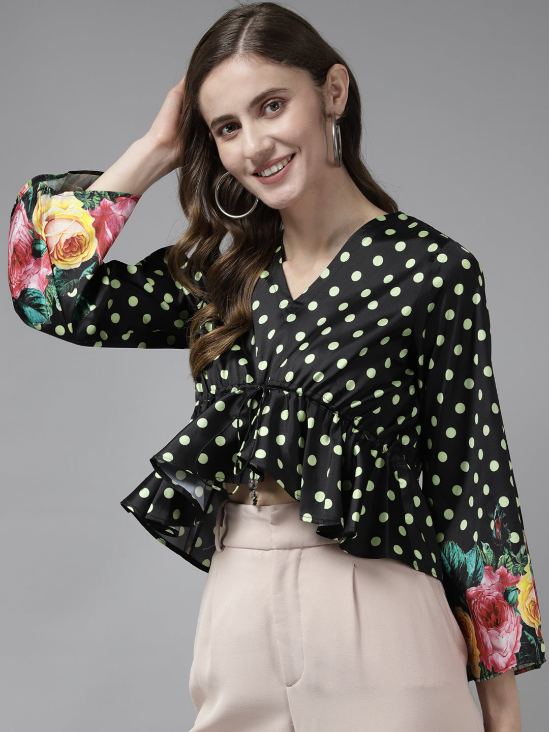 Bhama Couture Black Printed Full Sleeve Front Knot Top