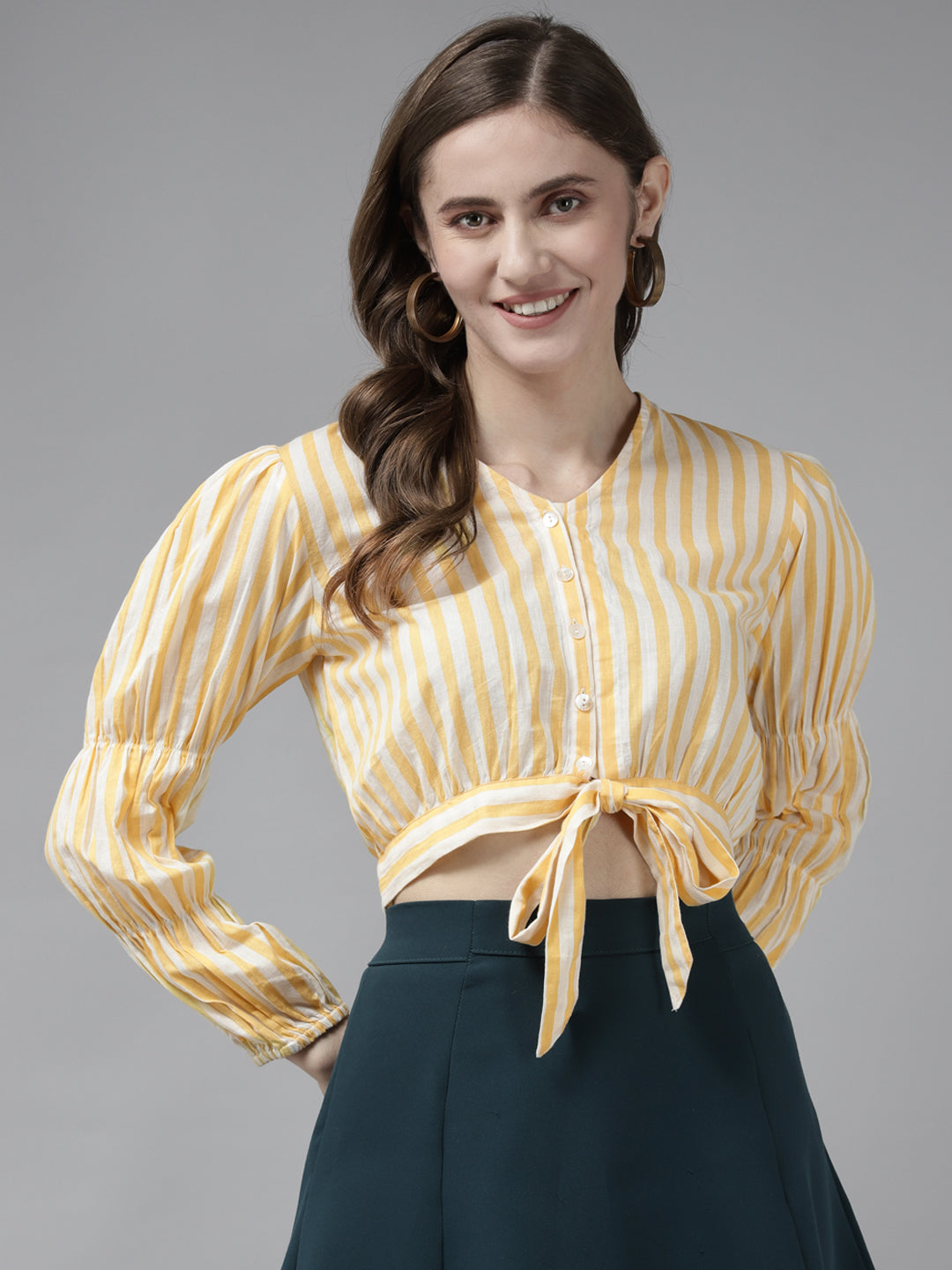 Bhama Couture Yellow Strip Front Open Full Sleeve Top