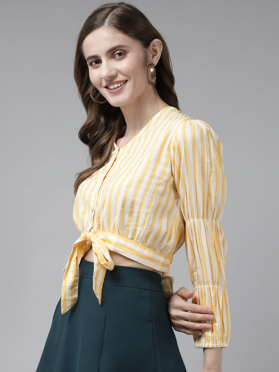 Bhama Couture Yellow Strip Front Open Full Sleeve Top