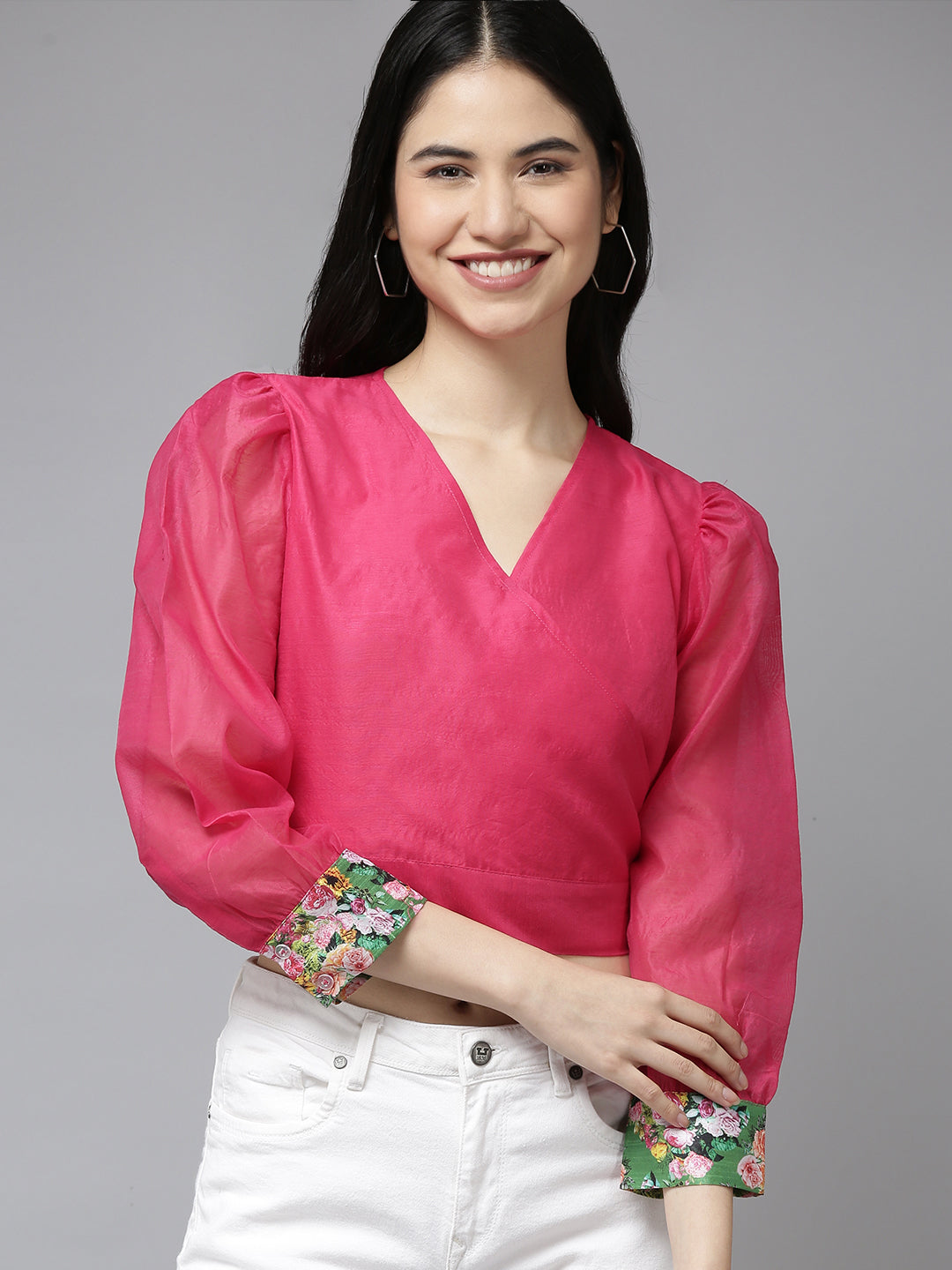 Bhama Couture Pink Solid Wrap Crop  Top