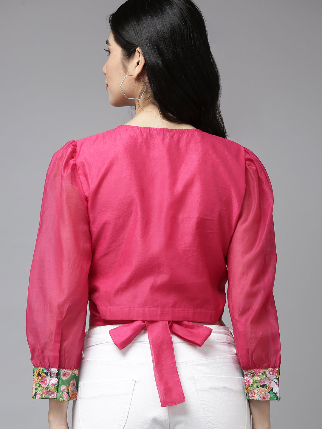 Bhama Couture Pink Solid Wrap Crop  Top