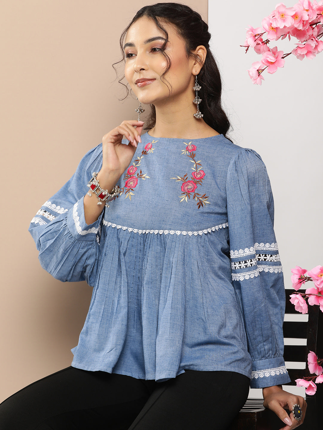 Bhama Couture Blue Embroidered Top