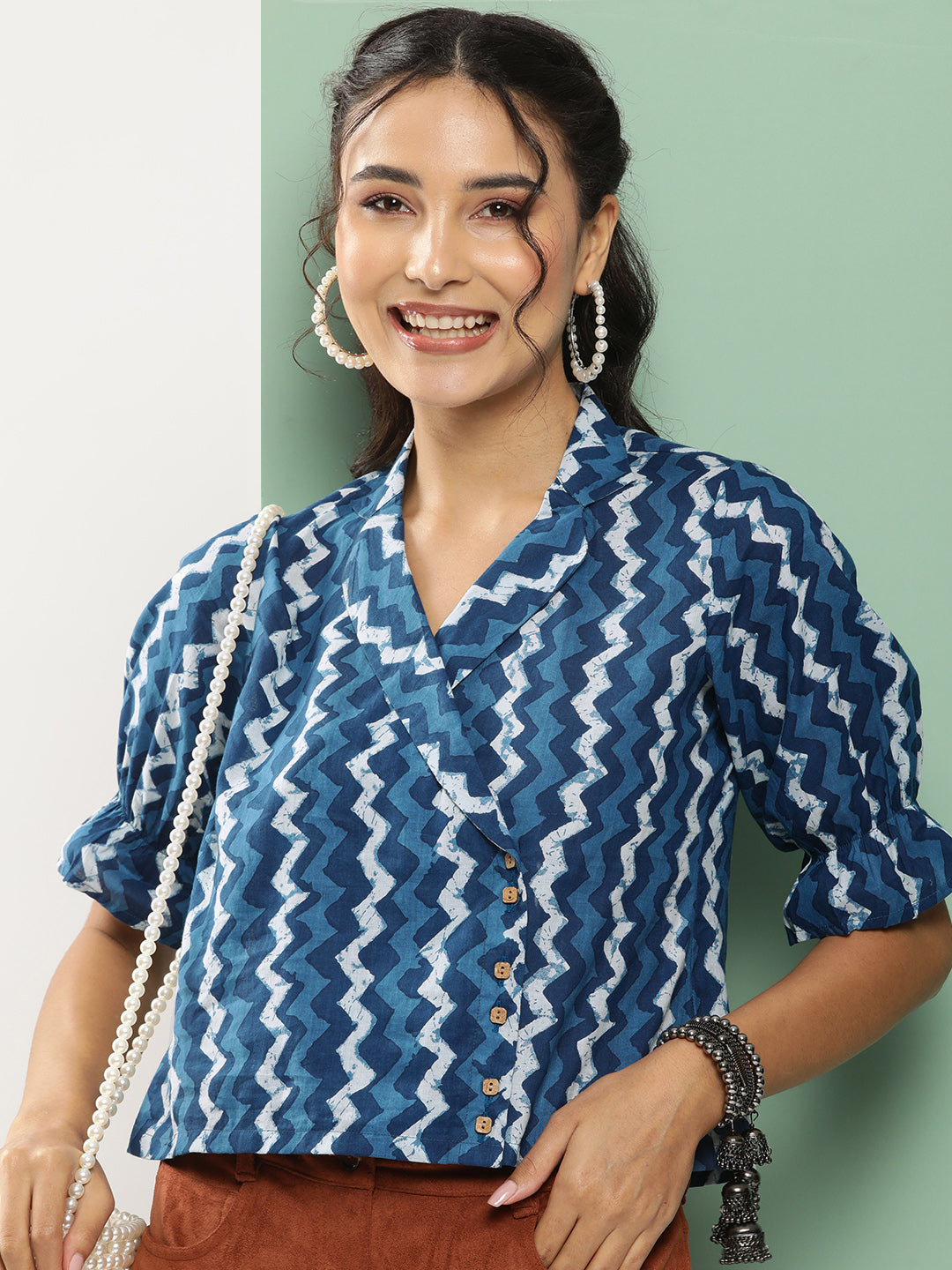 Bhama Couture Blue Printed Shirt Style Top