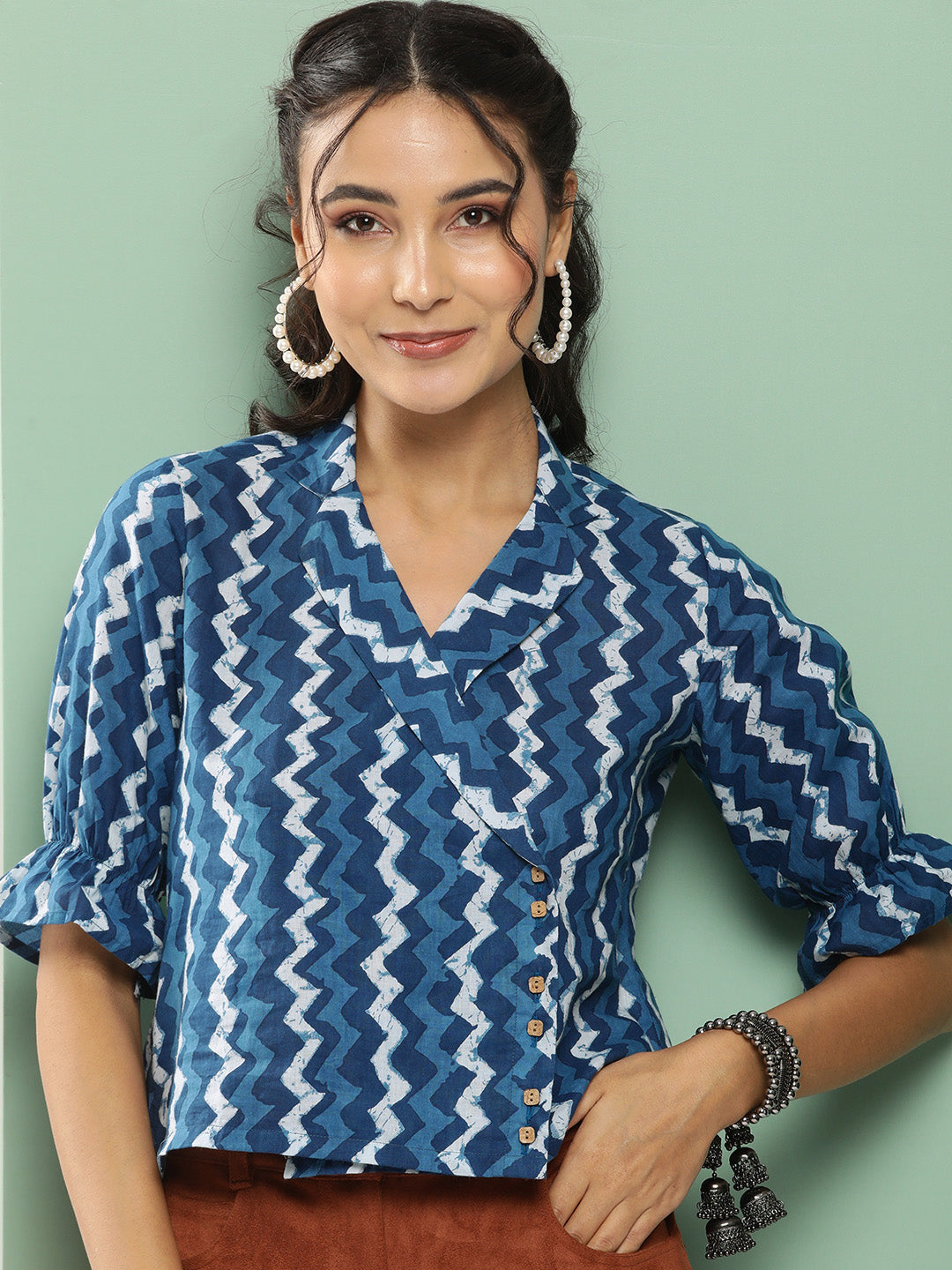 Bhama Couture Blue Printed Shirt Style Top