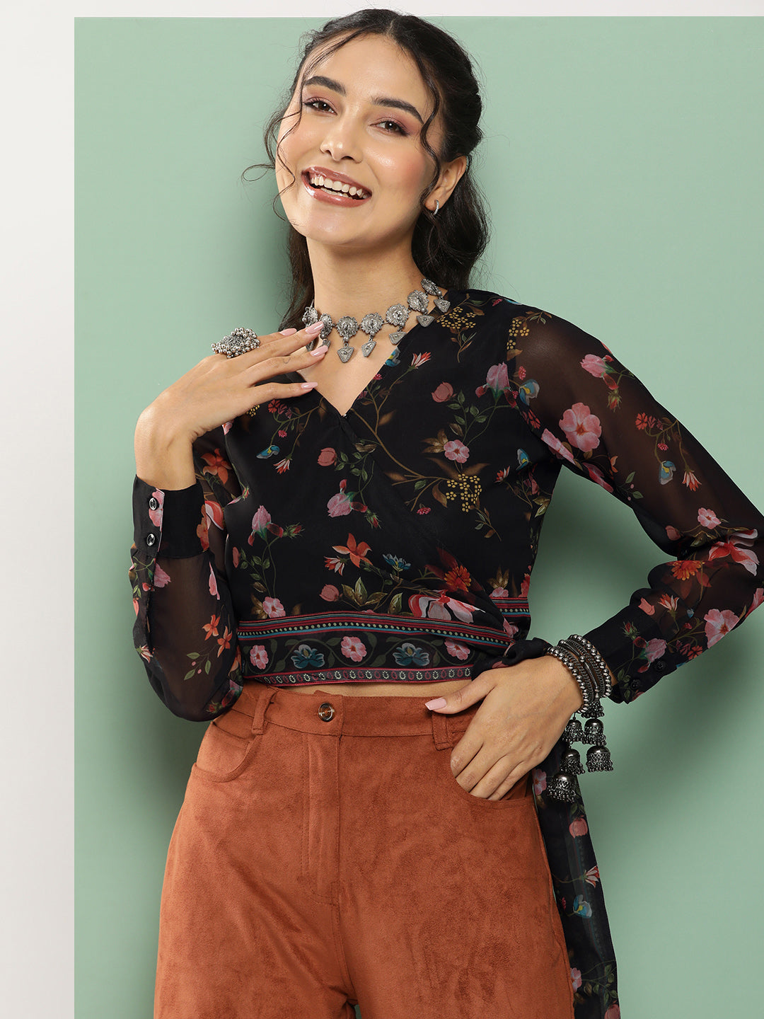 Bhama Couture Black Printed Tie-Up Top